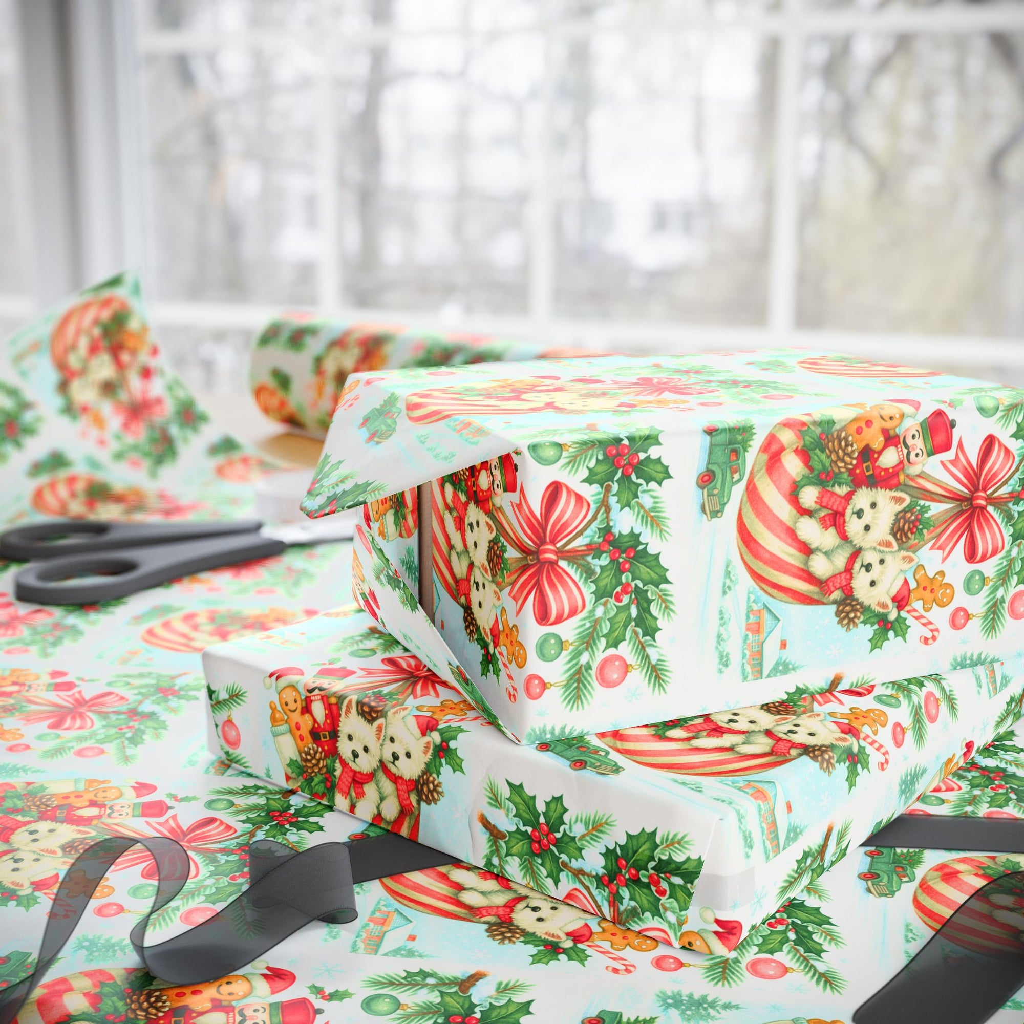 Christmas gift wrap with westie puppies, nutcracker and gingerbread