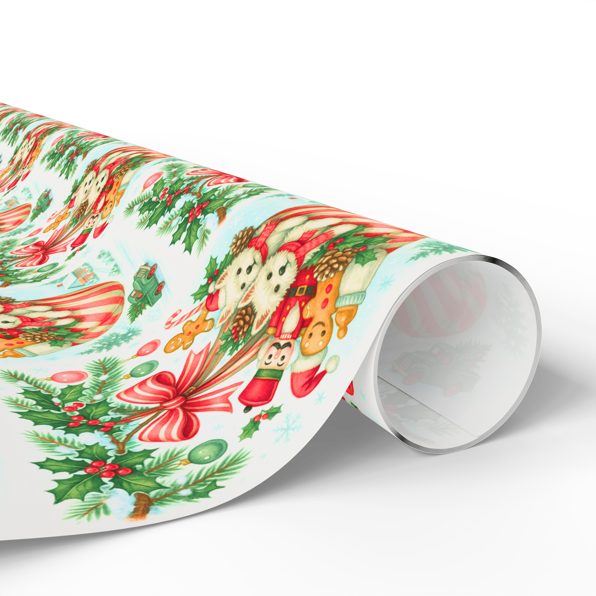 Christmas wrapping paper roll with westie puppies, nutcracker and gingerbread