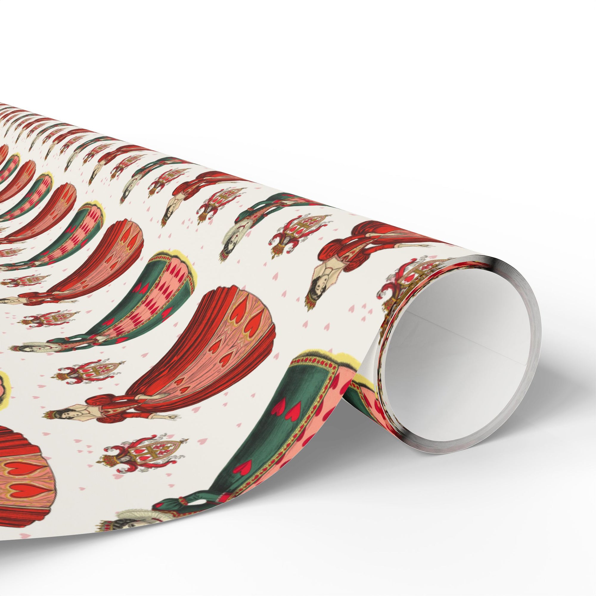 Roll of wrapping paper with queen of hearts design on a off white background.