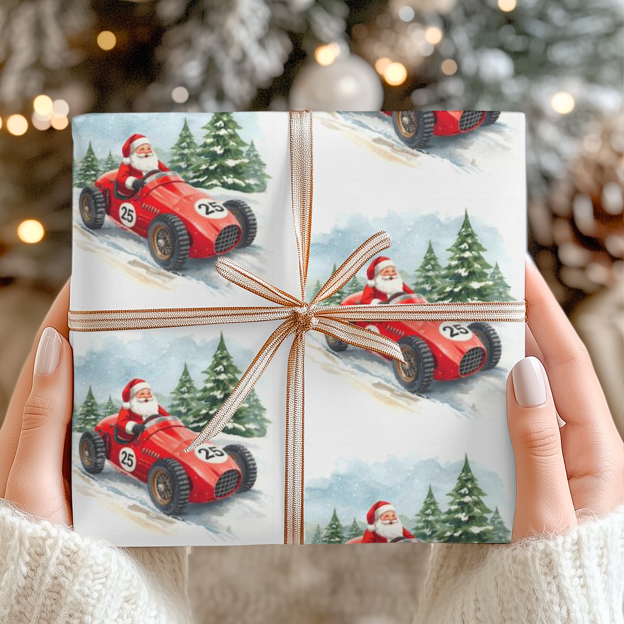 Gift box with Santa driving a red car design, held against a festive background.