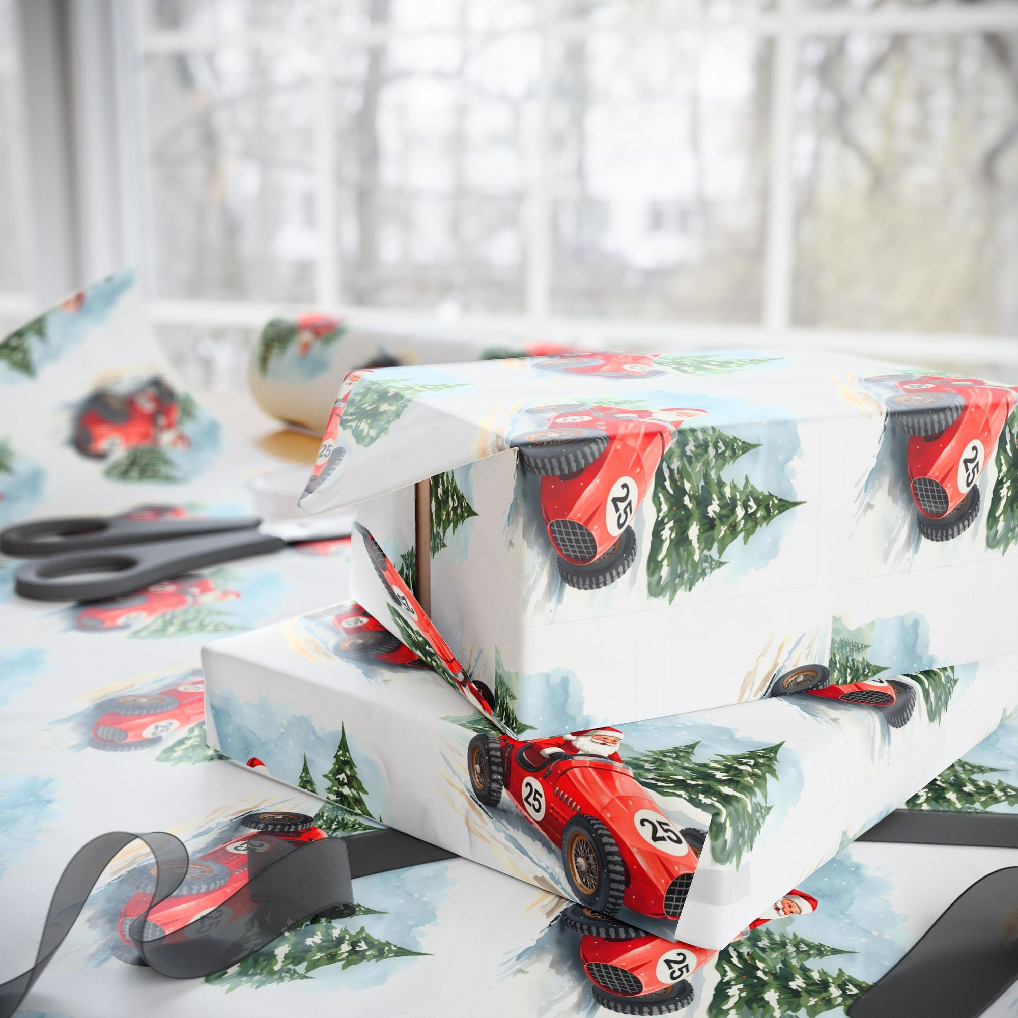 Gift boxes wrapped in festive paper with racing car design on a table.
