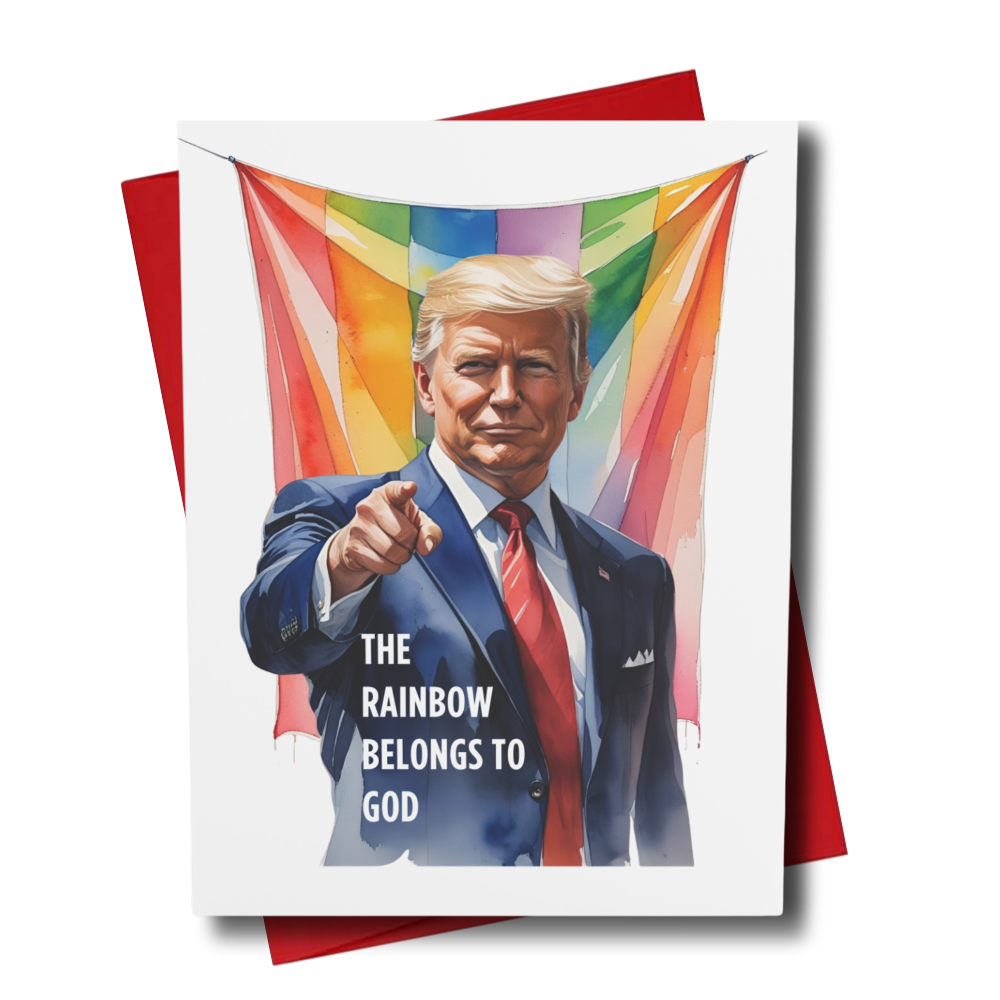 Card with POTUS pointing at a rainbow flag and text 'The Rainbow Belongs to God' on a white background
