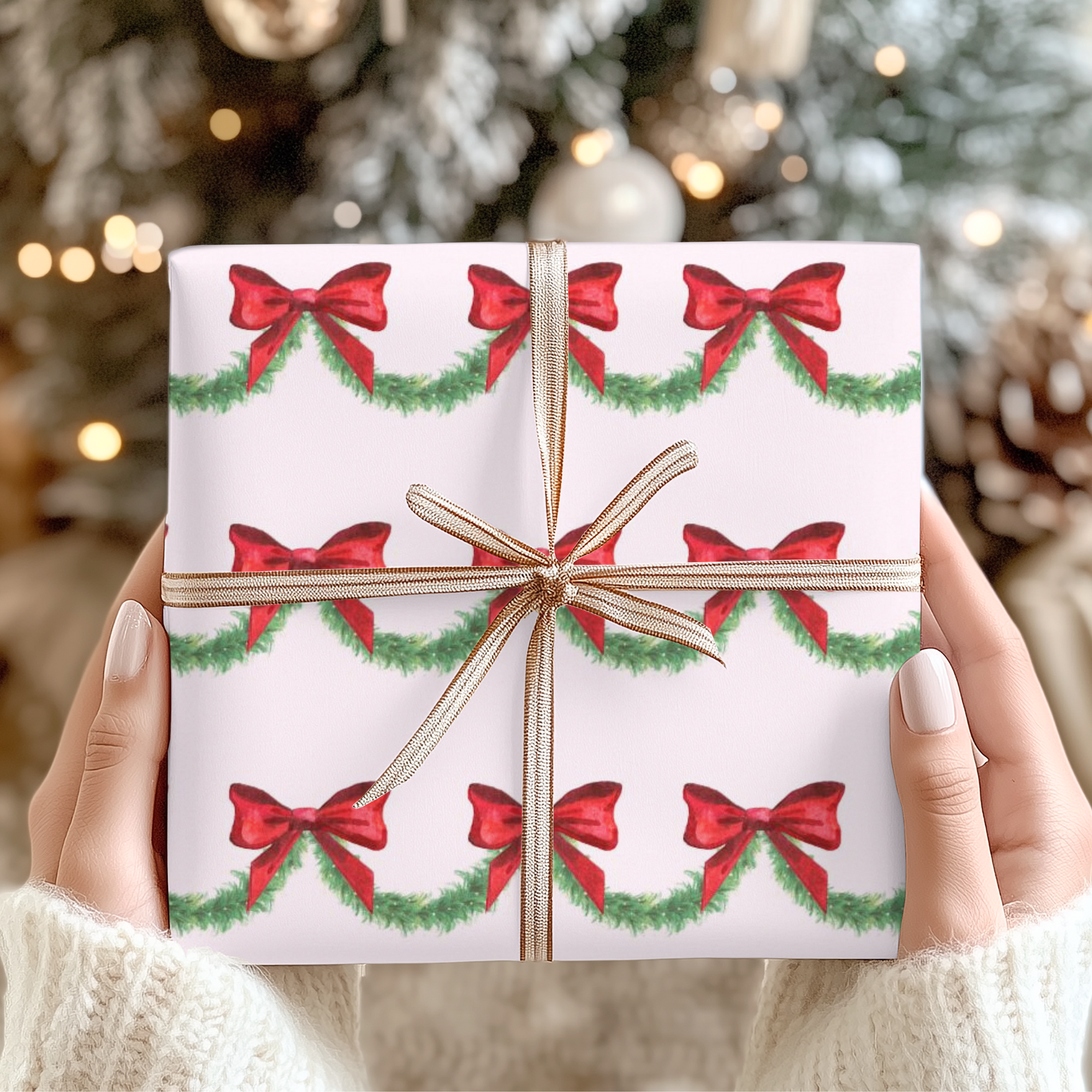 Gift box with Christmas design of red bows and green garland held by hands against a blurred Christmas tree background
