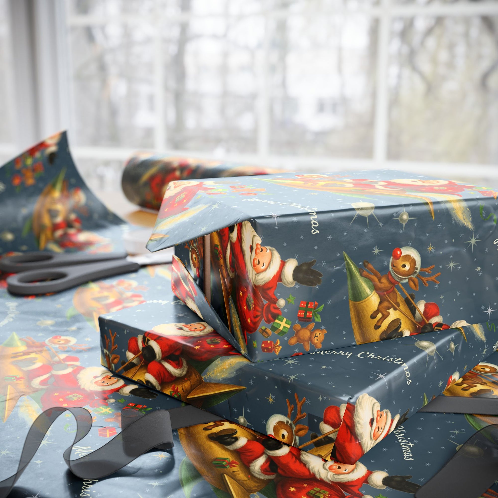 Vintage navy Christmas wrapping paper featuring Santa flying a golden rocket with reindeer and gifts in retro Space Age mid-century style.