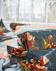 Vintage navy Christmas wrapping paper featuring Santa flying a golden rocket with reindeer and gifts in retro Space Age mid-century style.