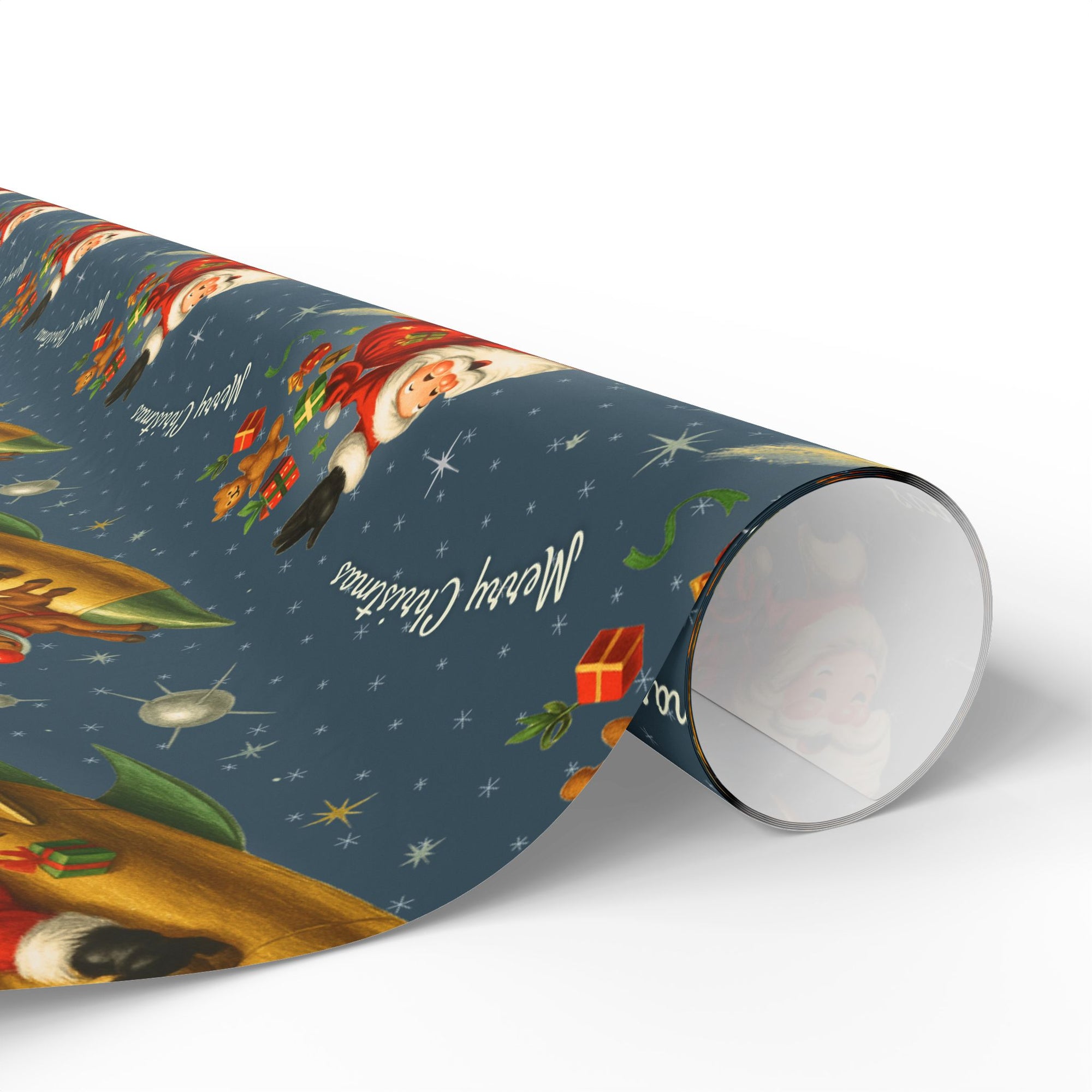 Vintage navy Christmas wrapping paper featuring Santa flying a golden rocket with reindeer and gifts in retro Space Age mid-century style.