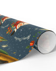 Vintage navy Christmas wrapping paper featuring Santa flying a golden rocket with reindeer and gifts in retro Space Age mid-century style.