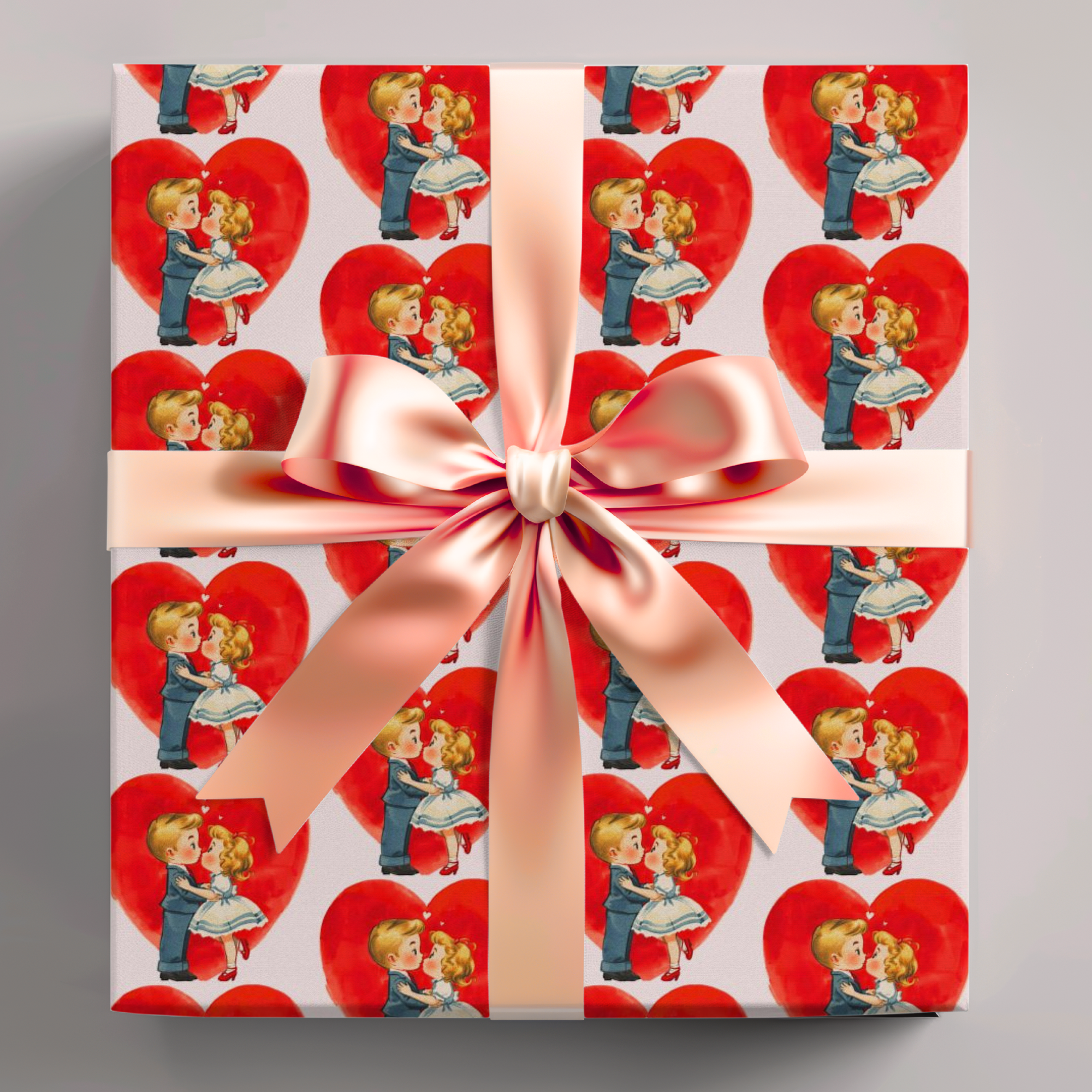 retro valentine wrapping paper with vintage girl and boy kissing