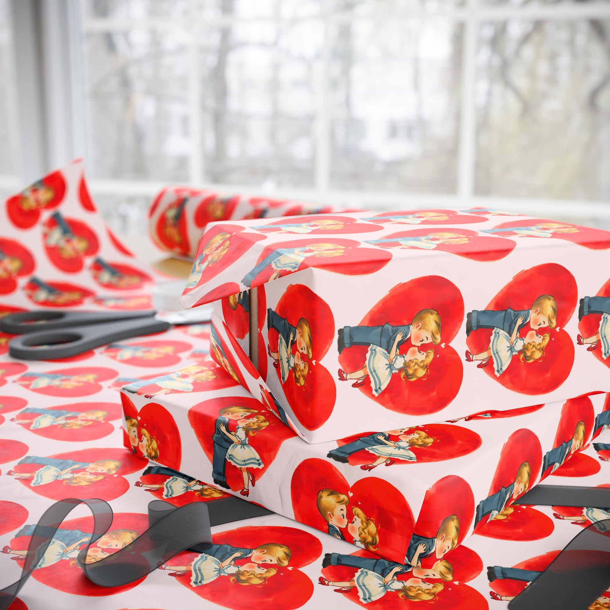 retro valentine wrapping paper with vintage girl and boy kissing