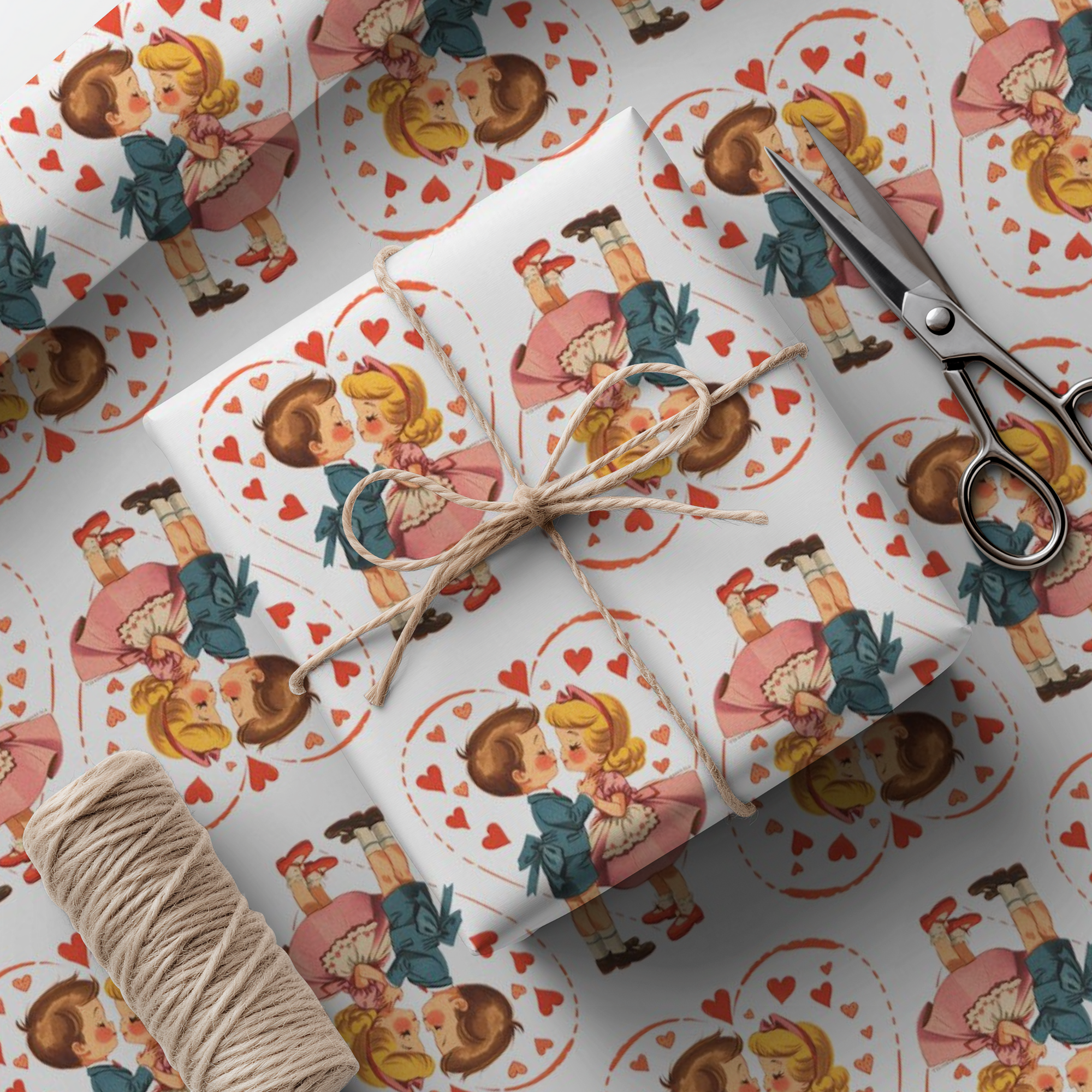 vintage valentine wrapping paper with retro boy and girl surrounded by hearts