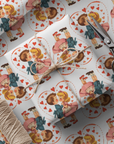 vintage valentine wrapping paper with retro boy and girl surrounded by hearts