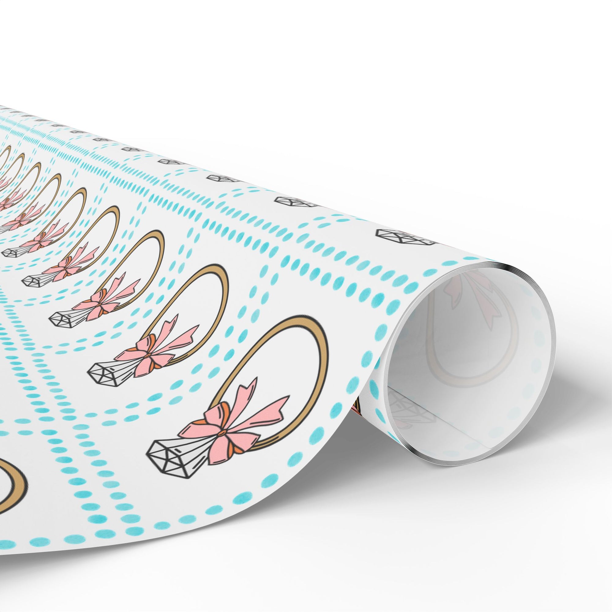 roll of wrapping paper featuring a retro engagement ring with a pink bow