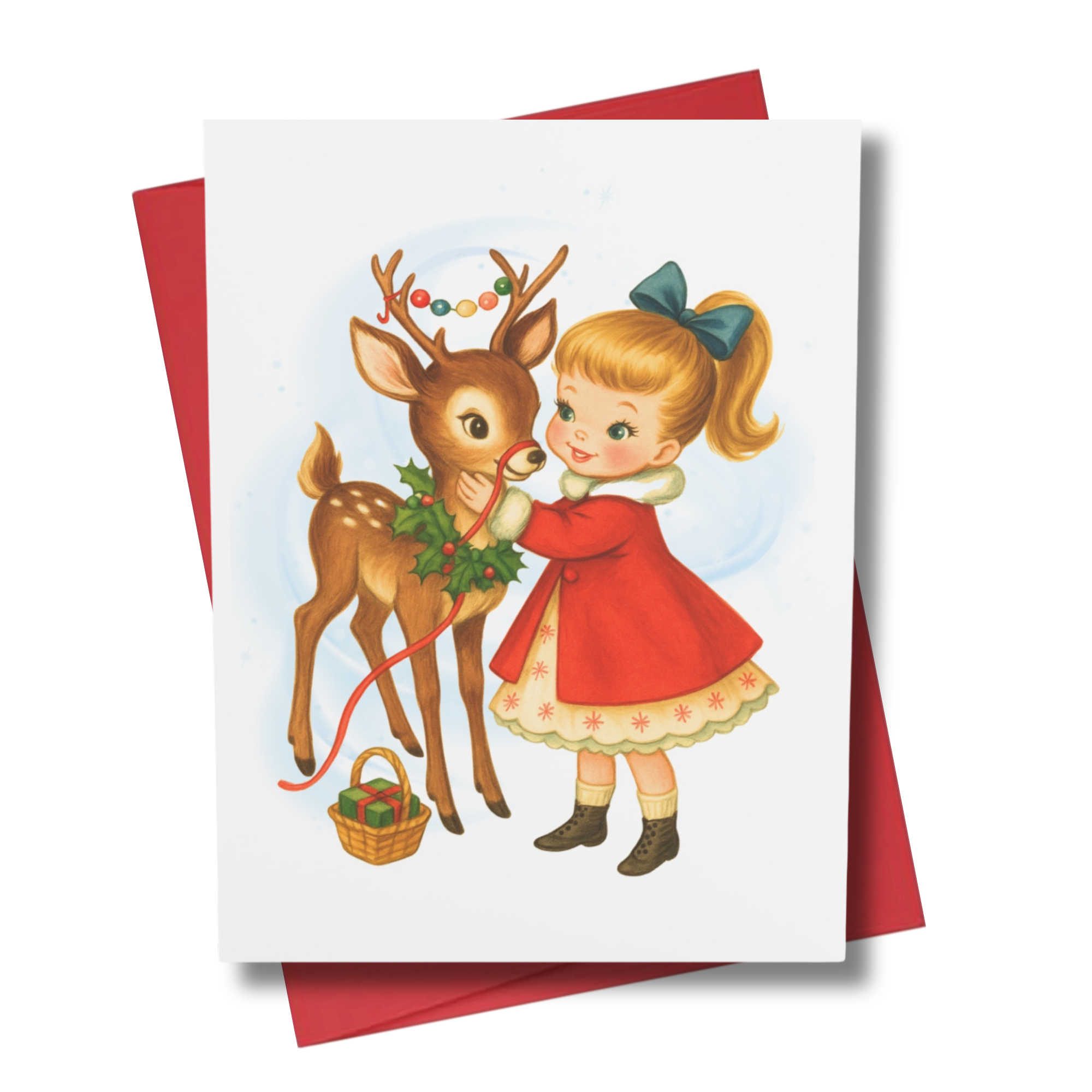 Vintage-style greeting card with a girl and reindeer illustration 50s 60s era