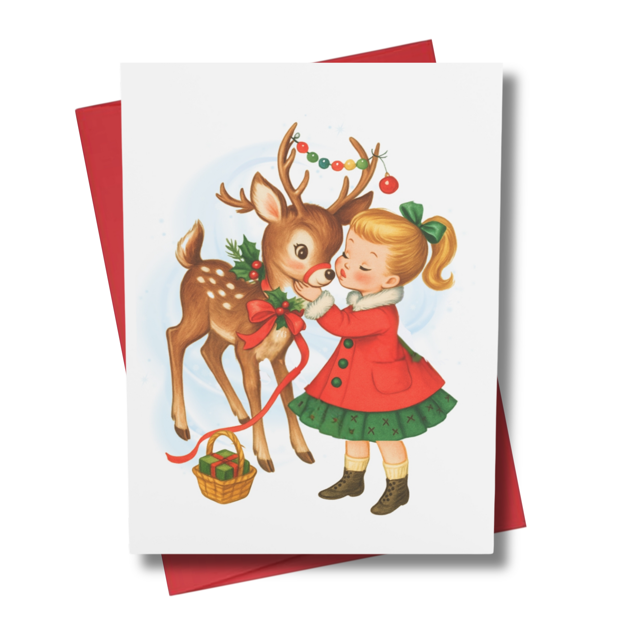 Retro Christmas card with a girl and reindeer illustration on a white background front cover