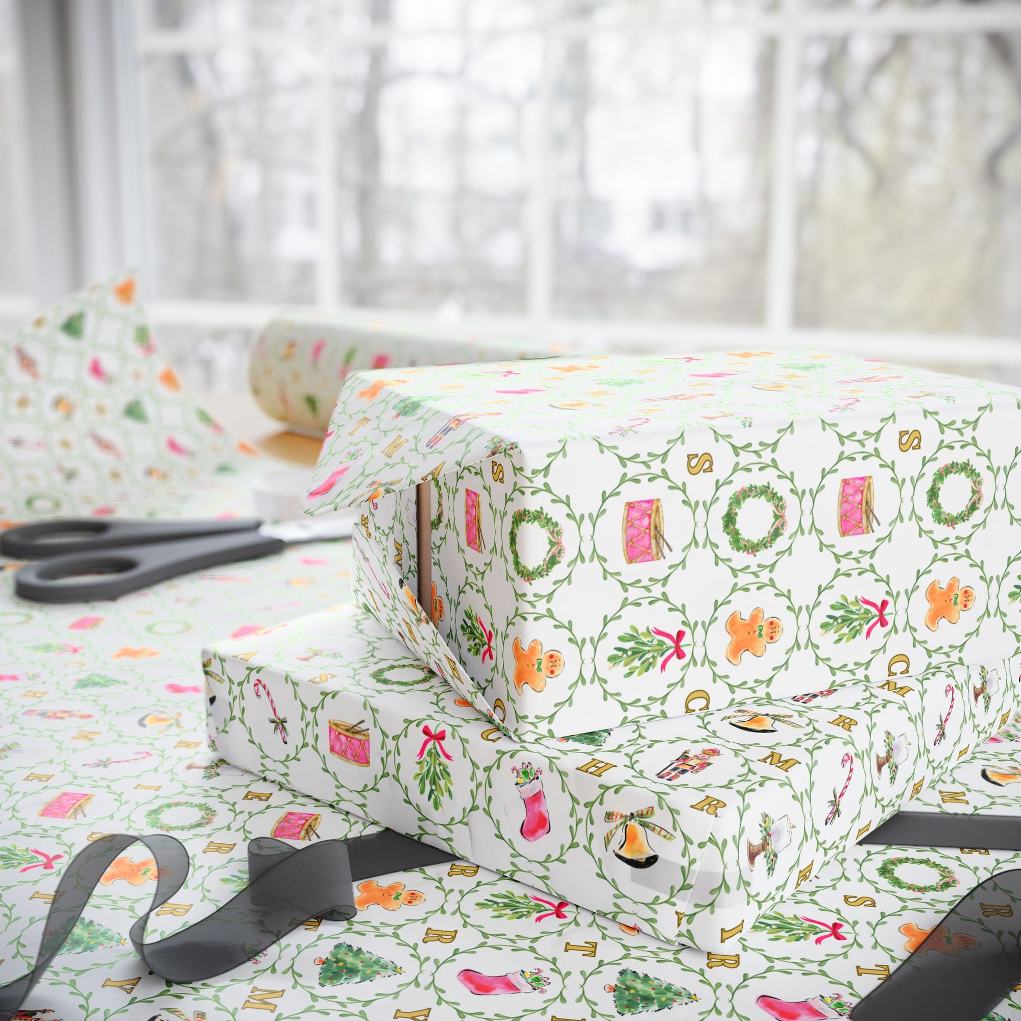 Gift boxes wrapped in colorful patterned paper with ribbons and scissors on a matching surface.