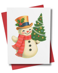 Retro Snowman Christmas Card with Tree | Vintage Americana Holiday Greeting