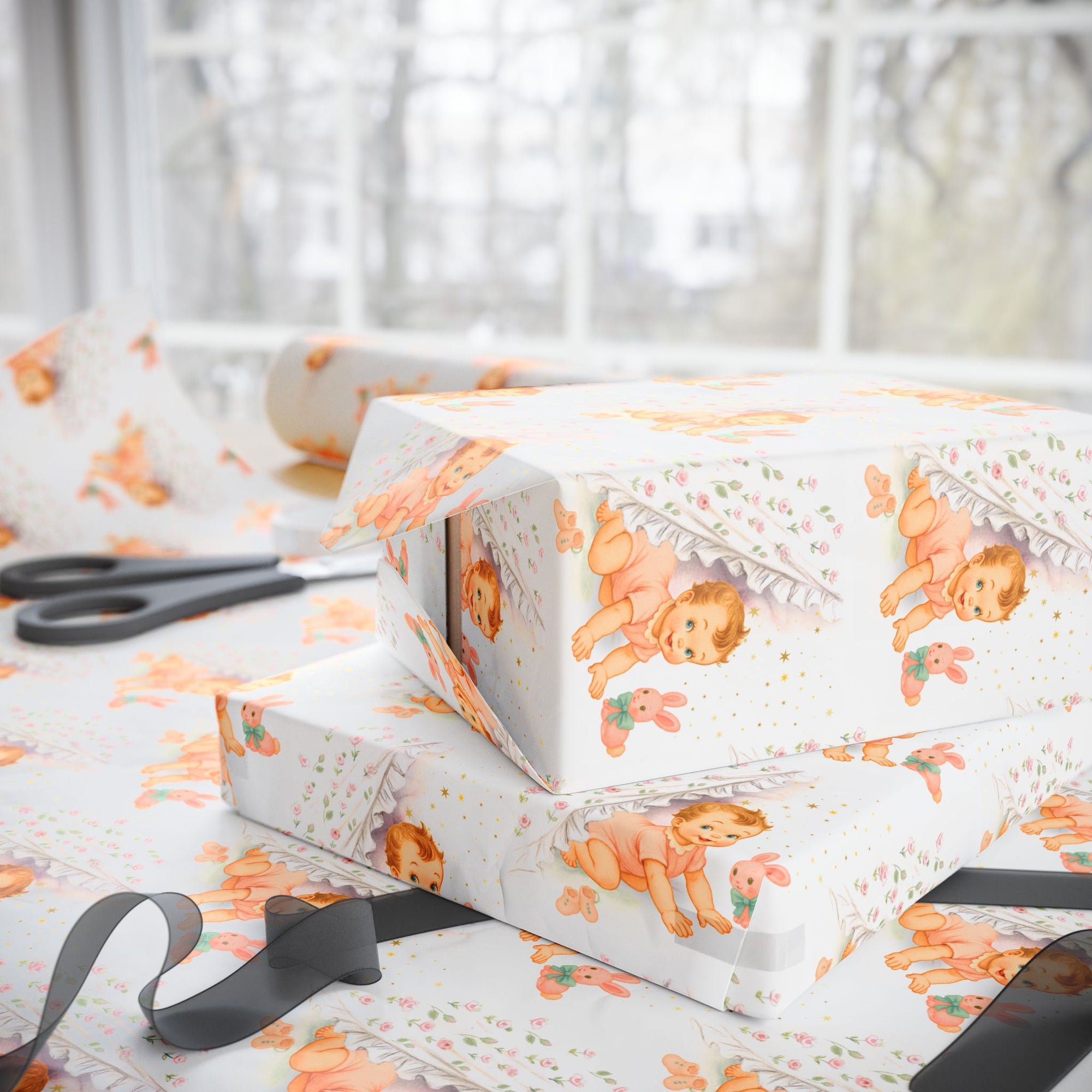 baby shower wrapping paper with rosy-cheeked baby and plush bunny