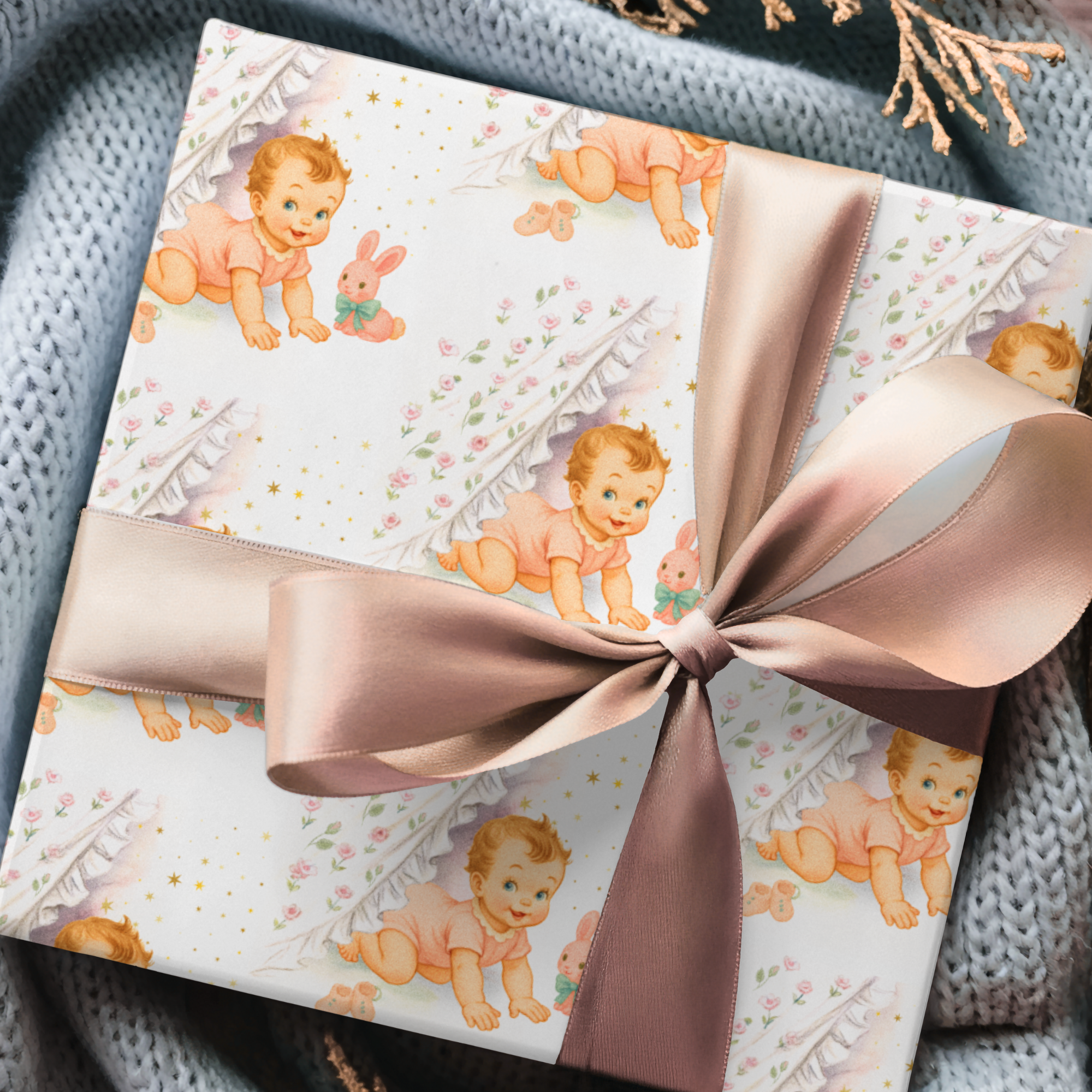Gift wrapped in vintage-style baby-themed paper with a pink ribbon.