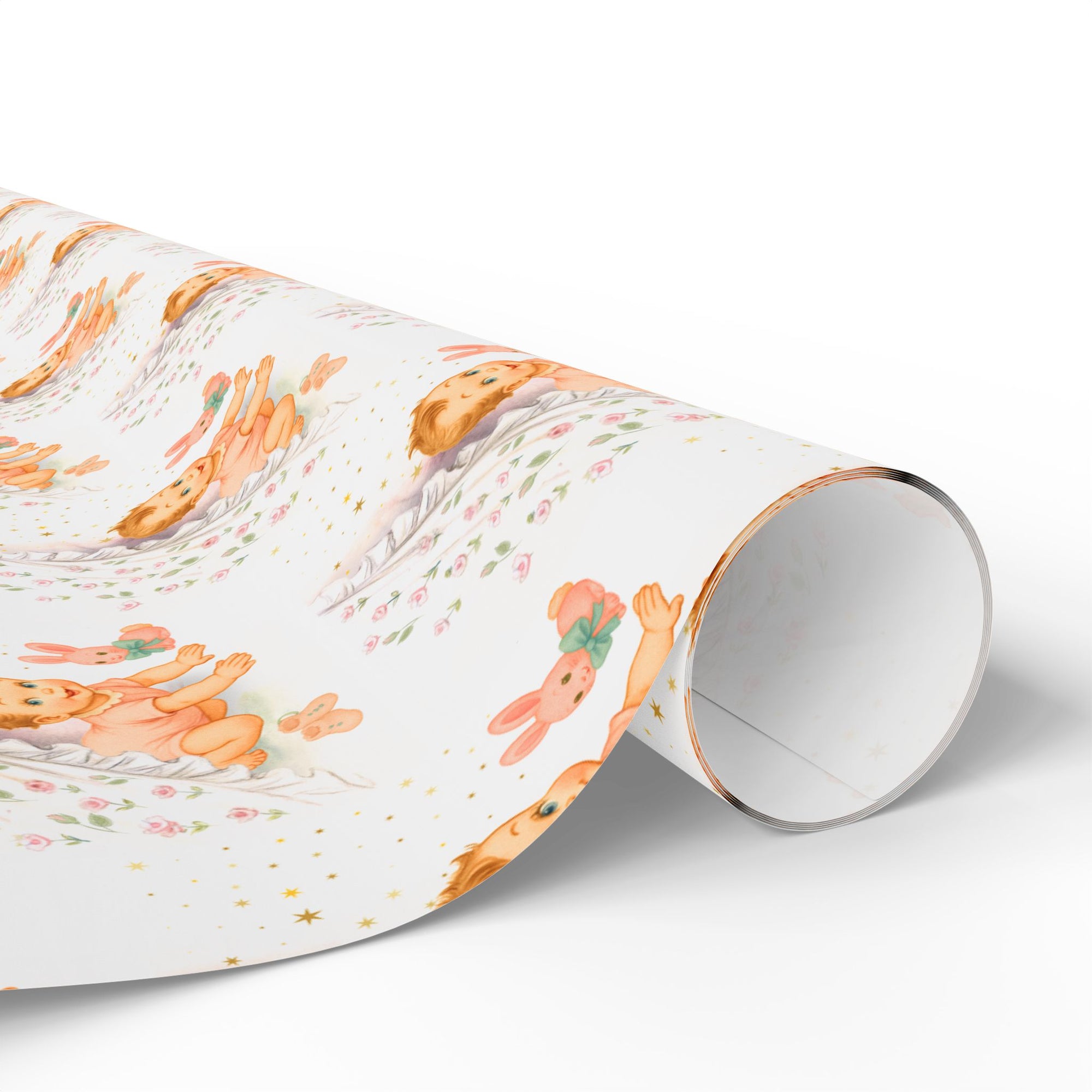baby shower wrapping paper roll with rosy-cheeked baby and plush bunny