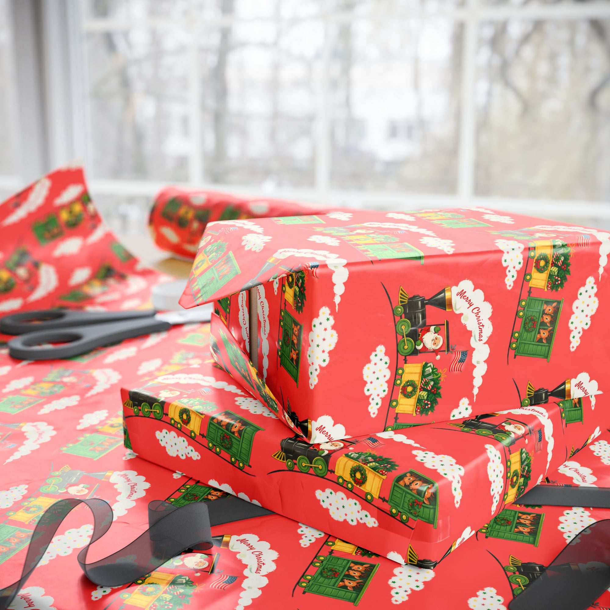 christmas wrapping paper featuring santa at the helm of a retro locomotive, america flag blowing in the wind, on a coral background.