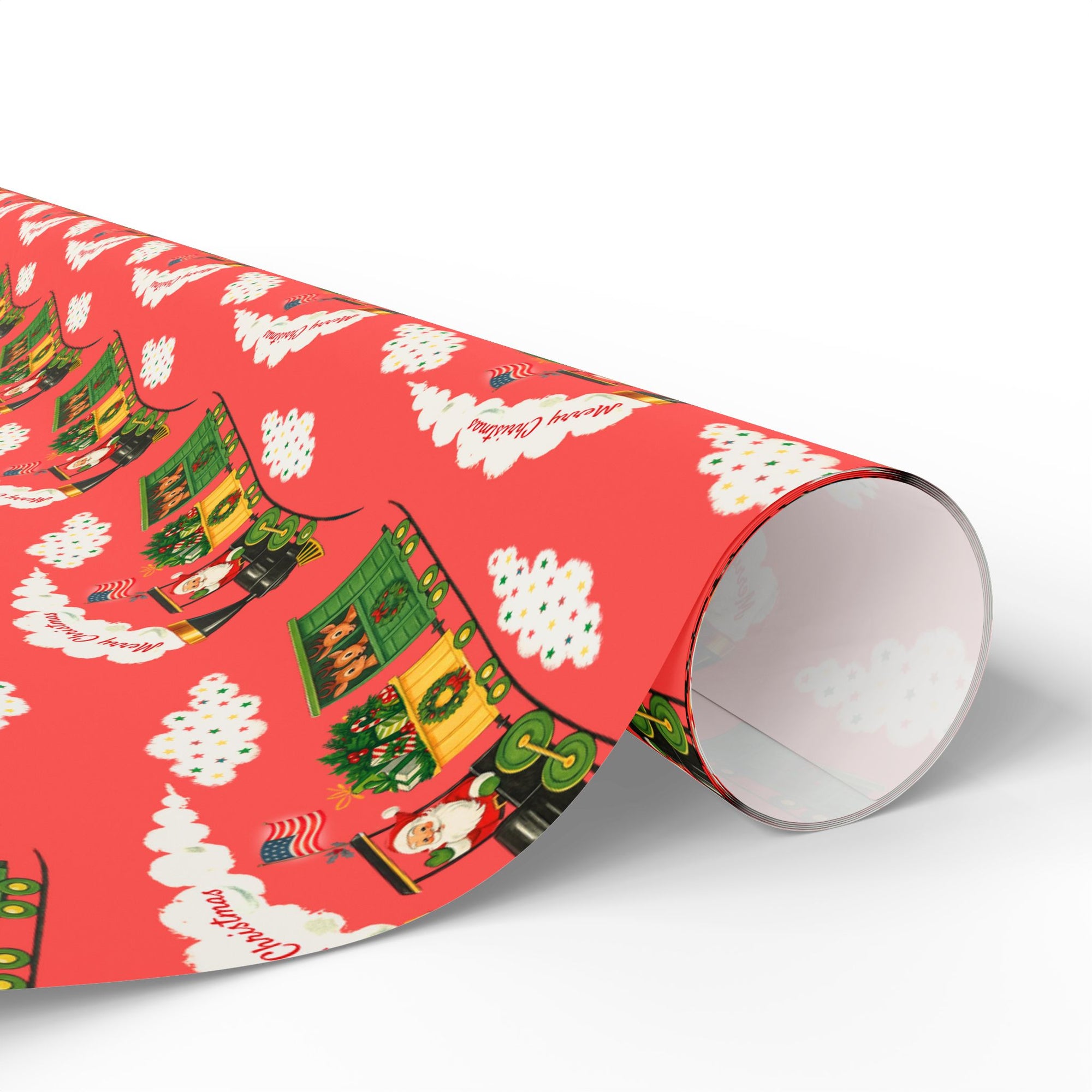 christmas wrapping paper featuring santa at the helm of a retro locomotive, america flag blowing in the wind, on a coral background.