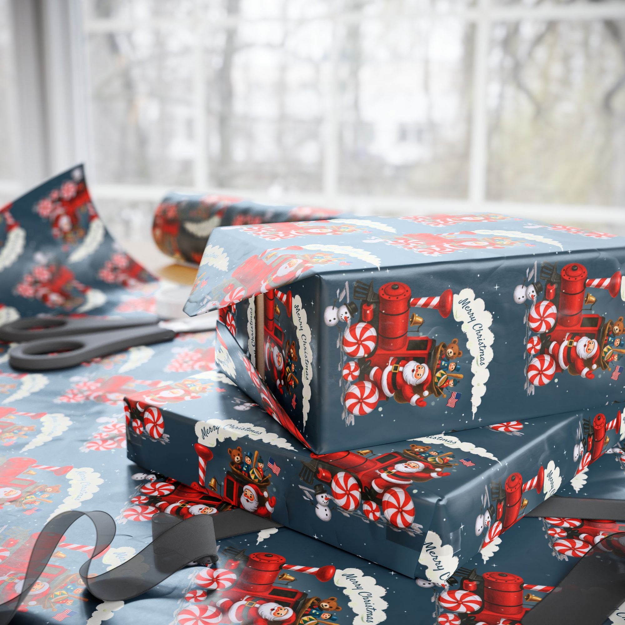 Vintage-style navy Christmas wrapping paper featuring Santa driving a red peppermint train with toys, snowmen, and stars in mid-century Americana style.
