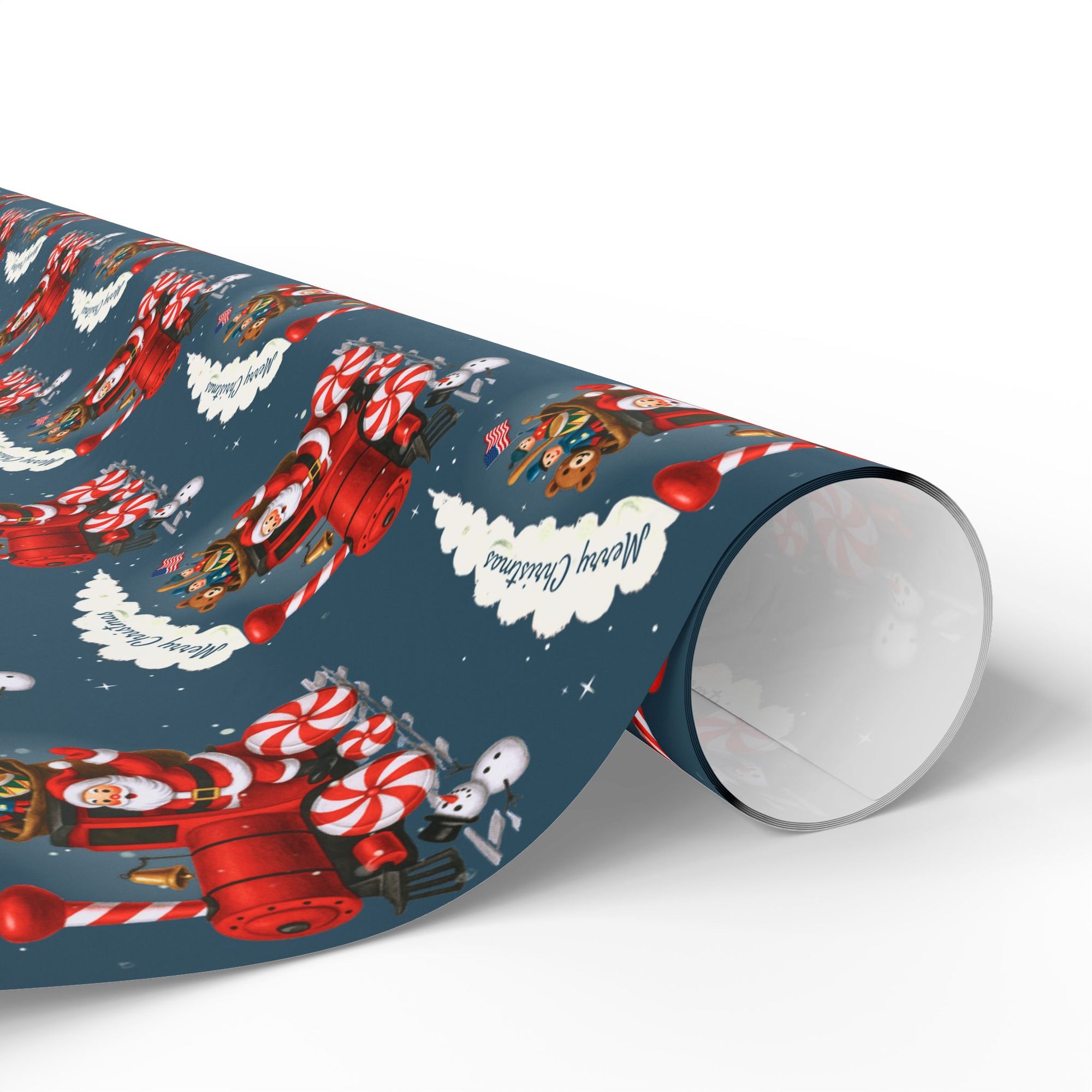 Vintage-style navy Christmas wrapping paper featuring Santa driving a red peppermint train with toys, snowmen, and stars in mid-century Americana style.
