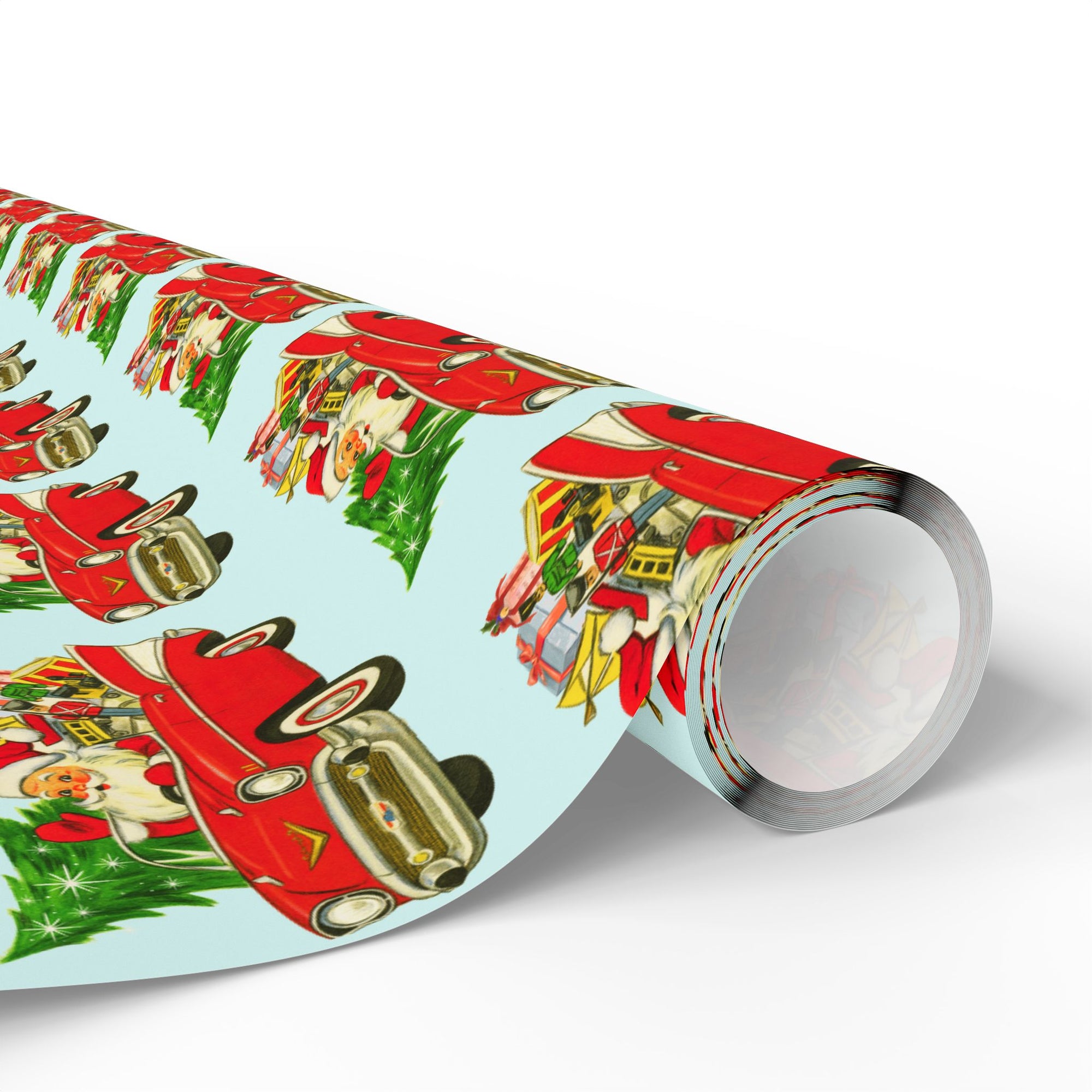 Christmas wrapping paper featuring a Santa driving a red classic Chevy with presents and a Christmas tree.
