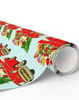 Christmas wrapping paper featuring a Santa driving a red classic Chevy with presents and a Christmas tree.