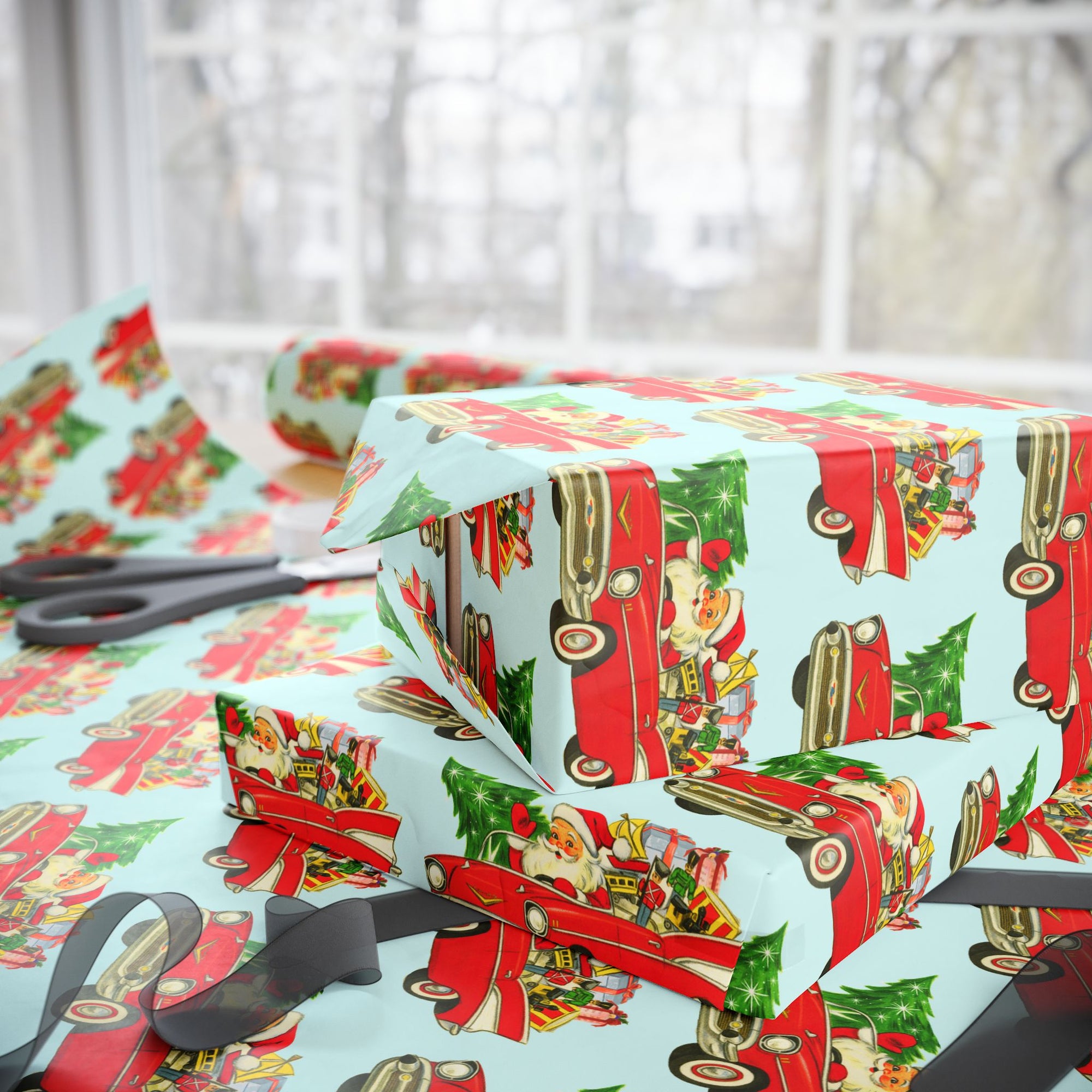 Retro Santa driving a red classic Chevy with presents Christmas wrapping paper on a light turquoise background.