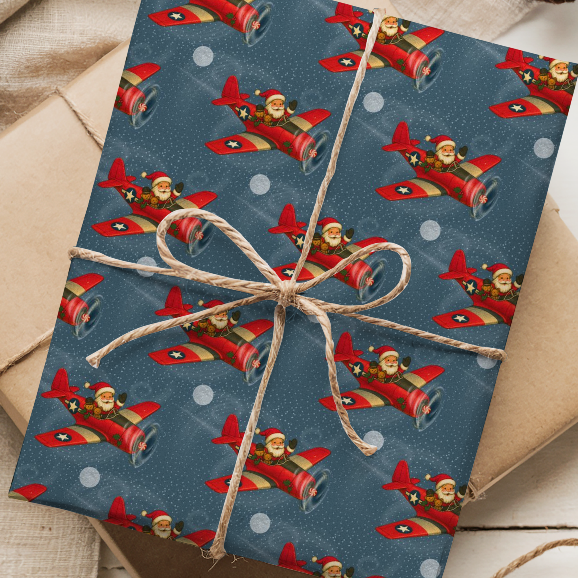 Gift wrapped in paper with Santa Claus and airplane pattern, tied with string.