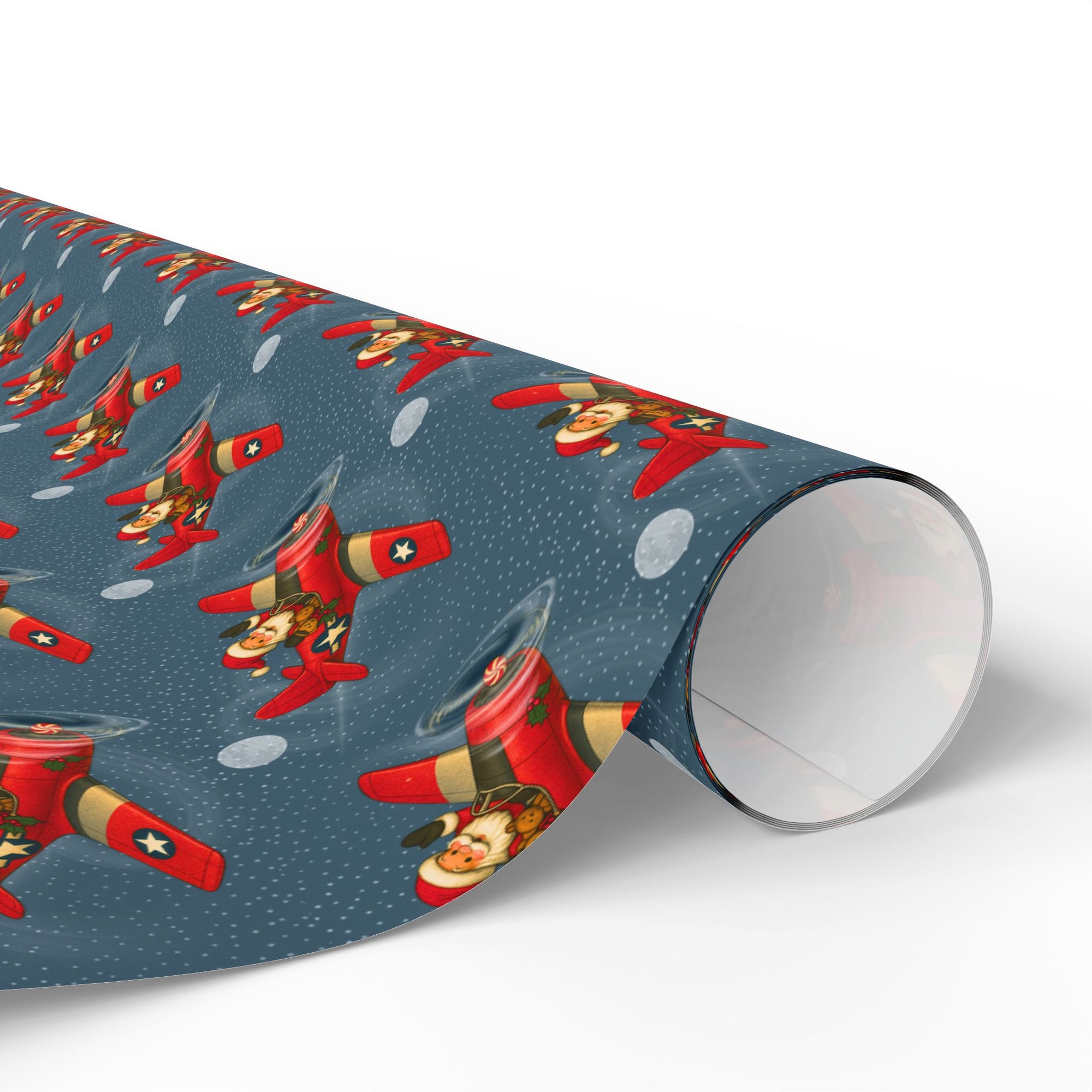 Christmas wrapping paper with Santa flying a vintage red airplane in snowy night sky.