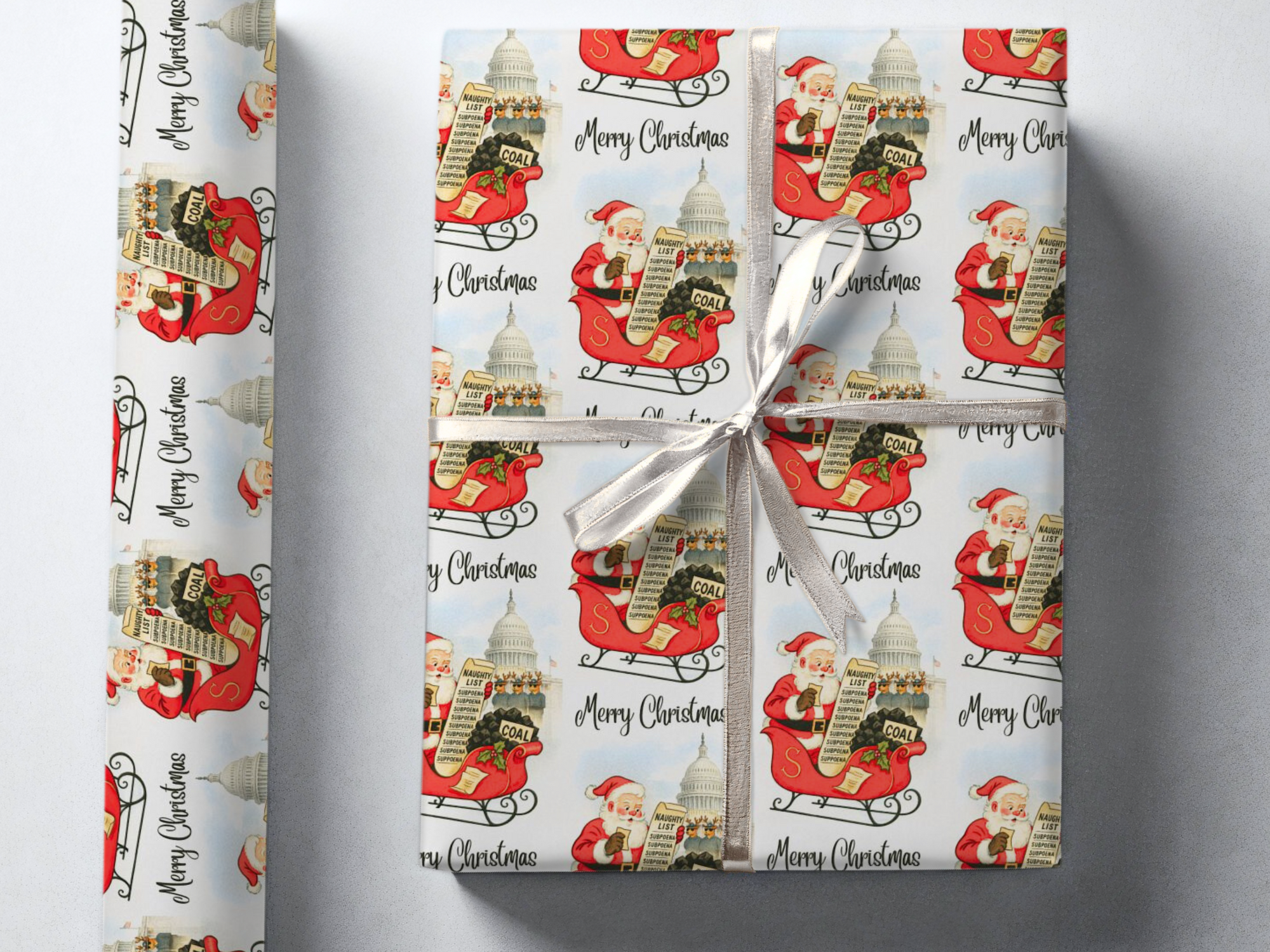 Gift wrapped in Christmas-themed paper with Santa Claus delivering coal to naughty politicians