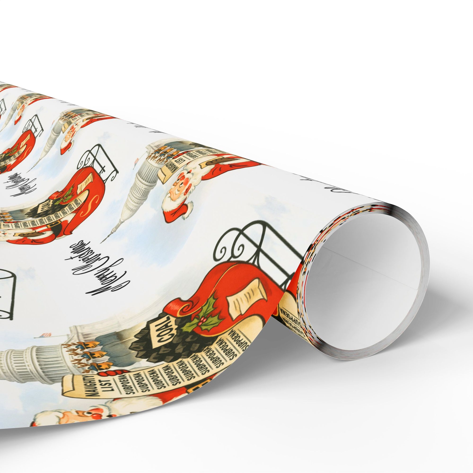 Gift wrapped roll of Christmas-themed paper with Santa Claus delivering coal to naughty politicians 