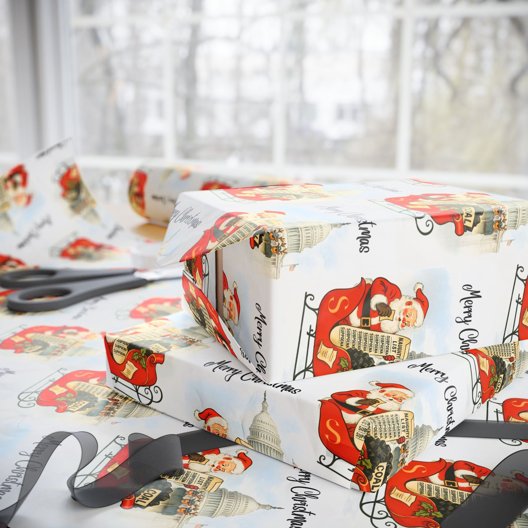 Gift wrapped in Christmas-themed paper with Santa Claus delivering coal to naughty politicians side view