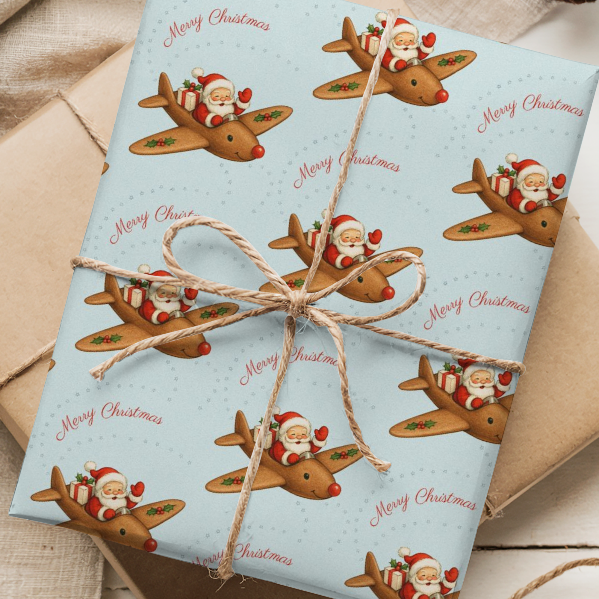 Gift wrapped in Christmas-themed paper with Santa Claus and reindeer design.