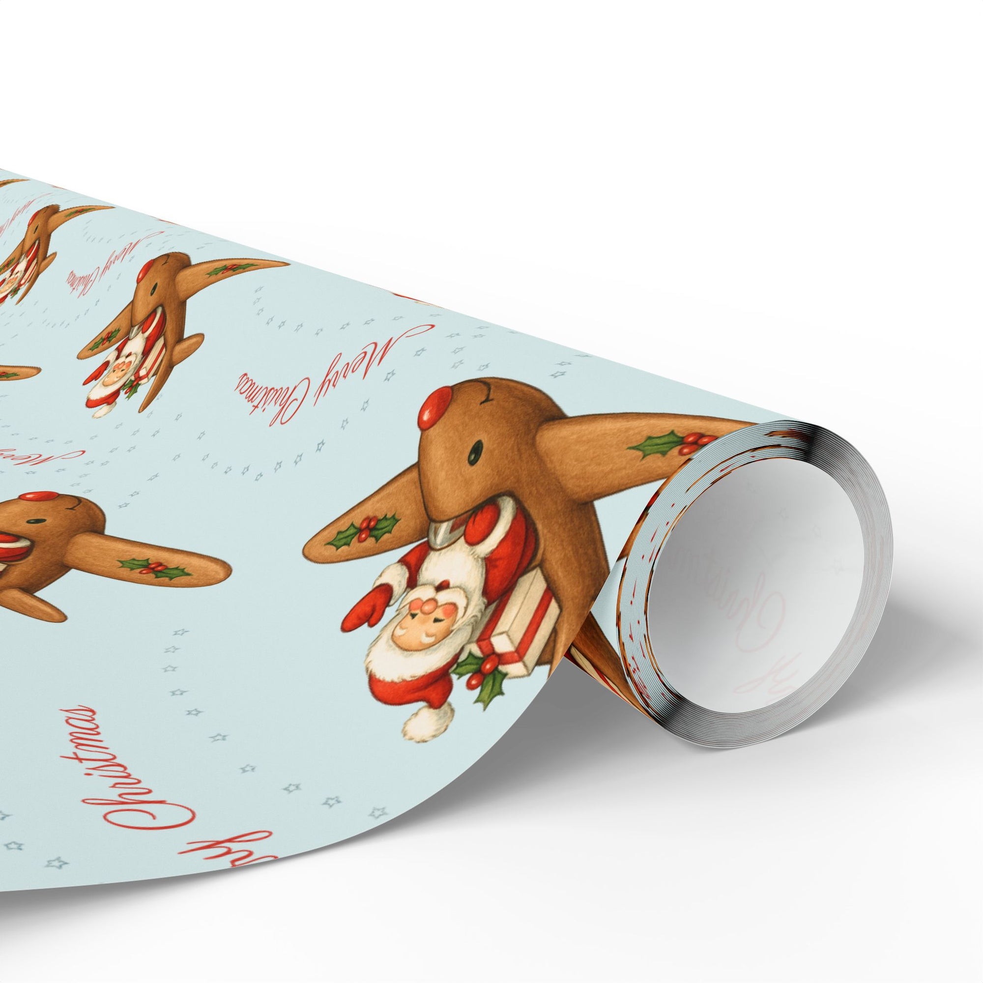 Roll of Christmas-themed paper with gingerbread men and Santa Claus on a light blue background.