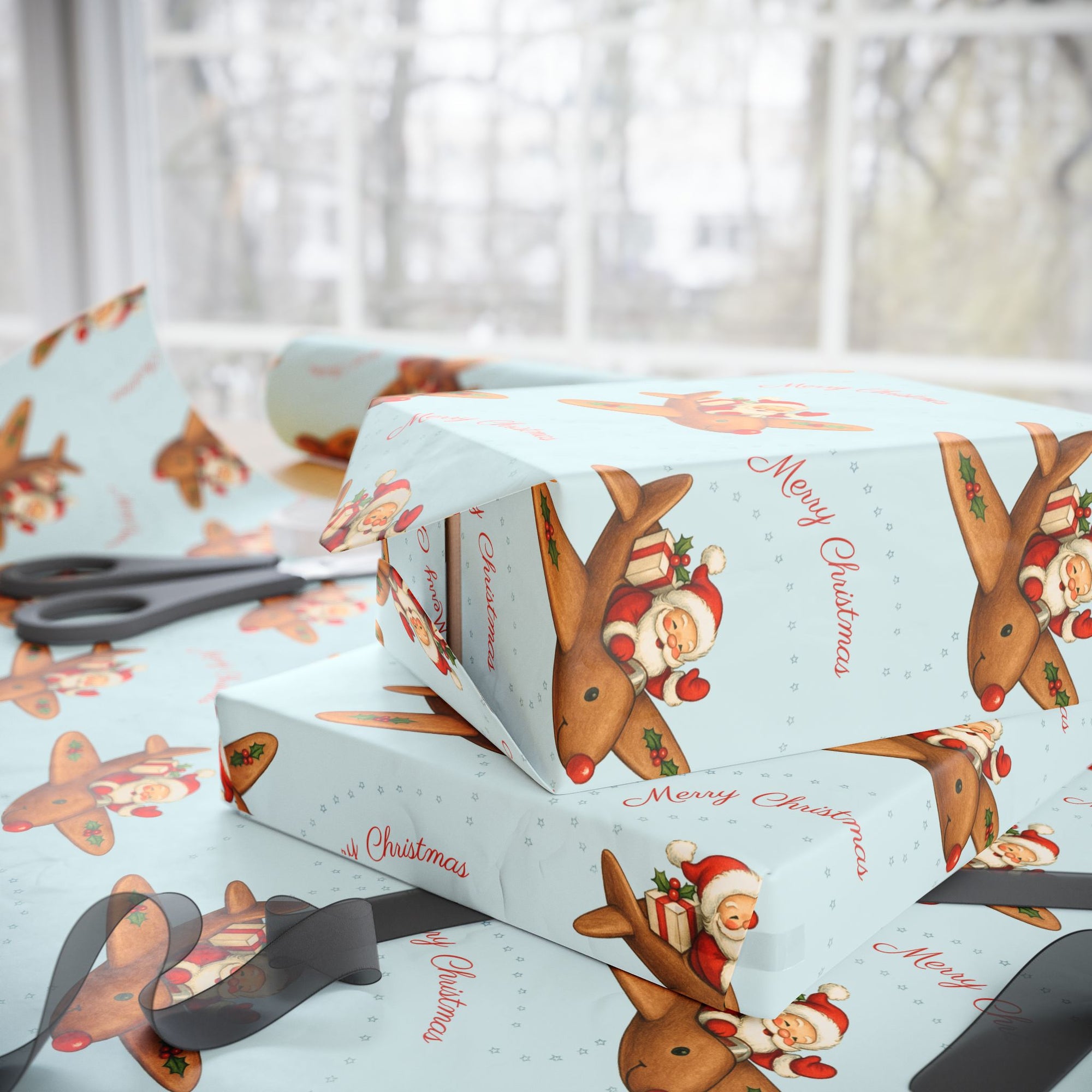 Stack of wrapped presents with Christmas-themed paper featuring reindeer and Santa Claus.