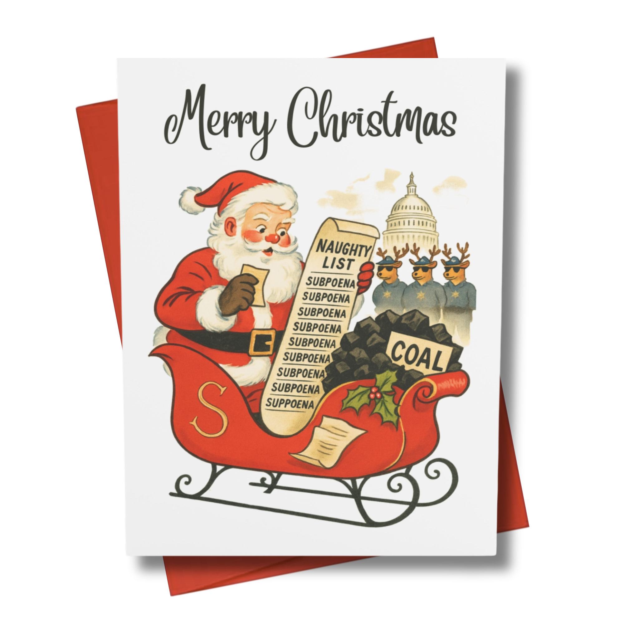 Christmas card with Santa Claus holding a 'Naughty List' and 'Coal' bag, with subpoenas for congress and reindeer dressed as U.S. Marshals with the Washington DC in background