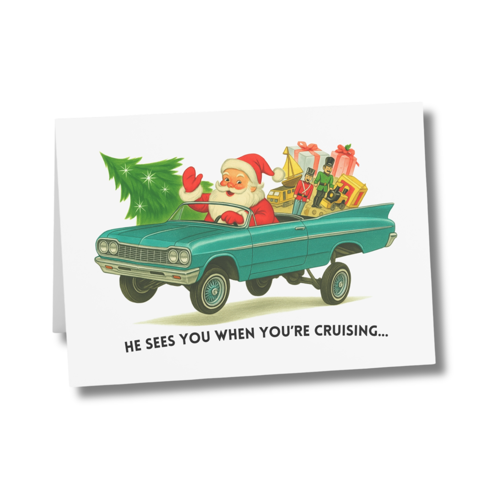 Classic Christmas card featuring Santa in a  lowrider car bouncing on hydraulics with presents in back.