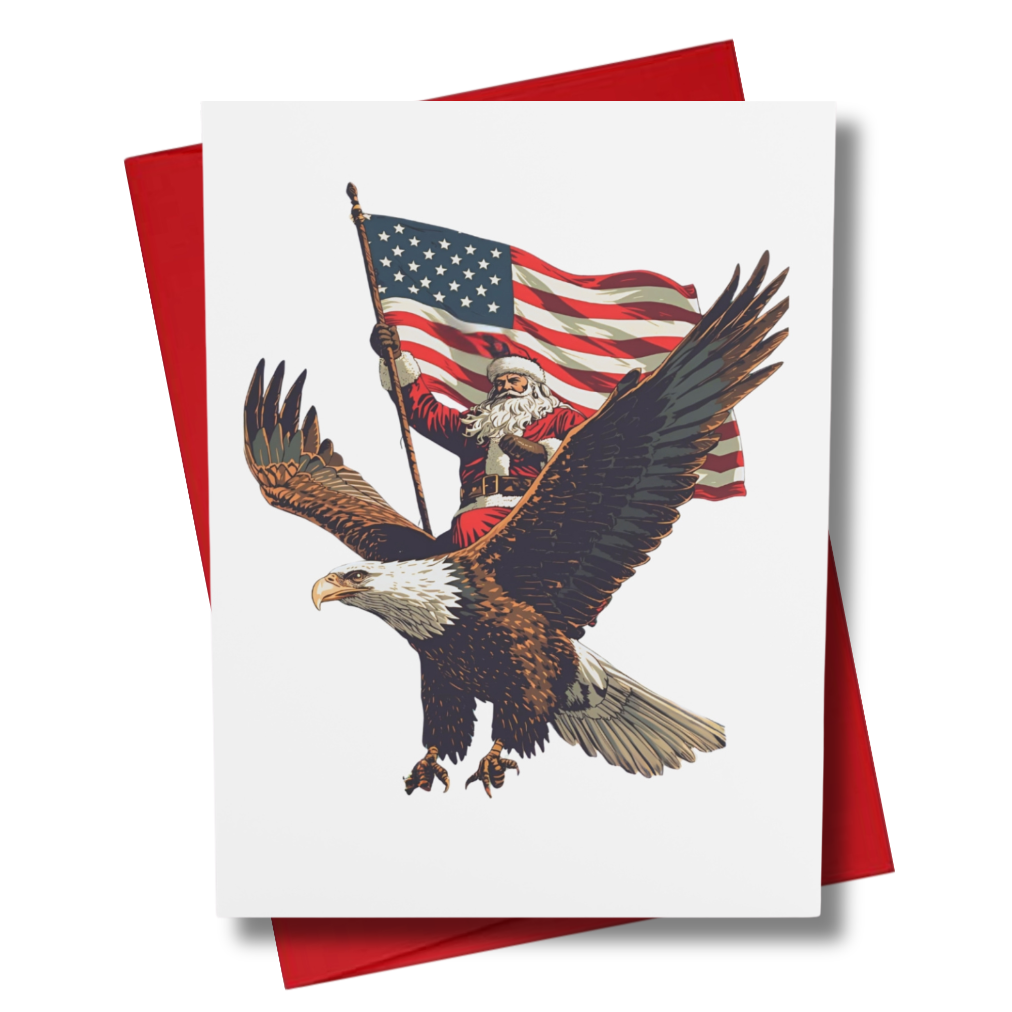 Greeting card featuring santa riding a bald eagle holding an American flag with a red envelope in the background.