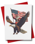 Greeting card featuring santa riding a bald eagle holding an American flag with a red envelope in the background.