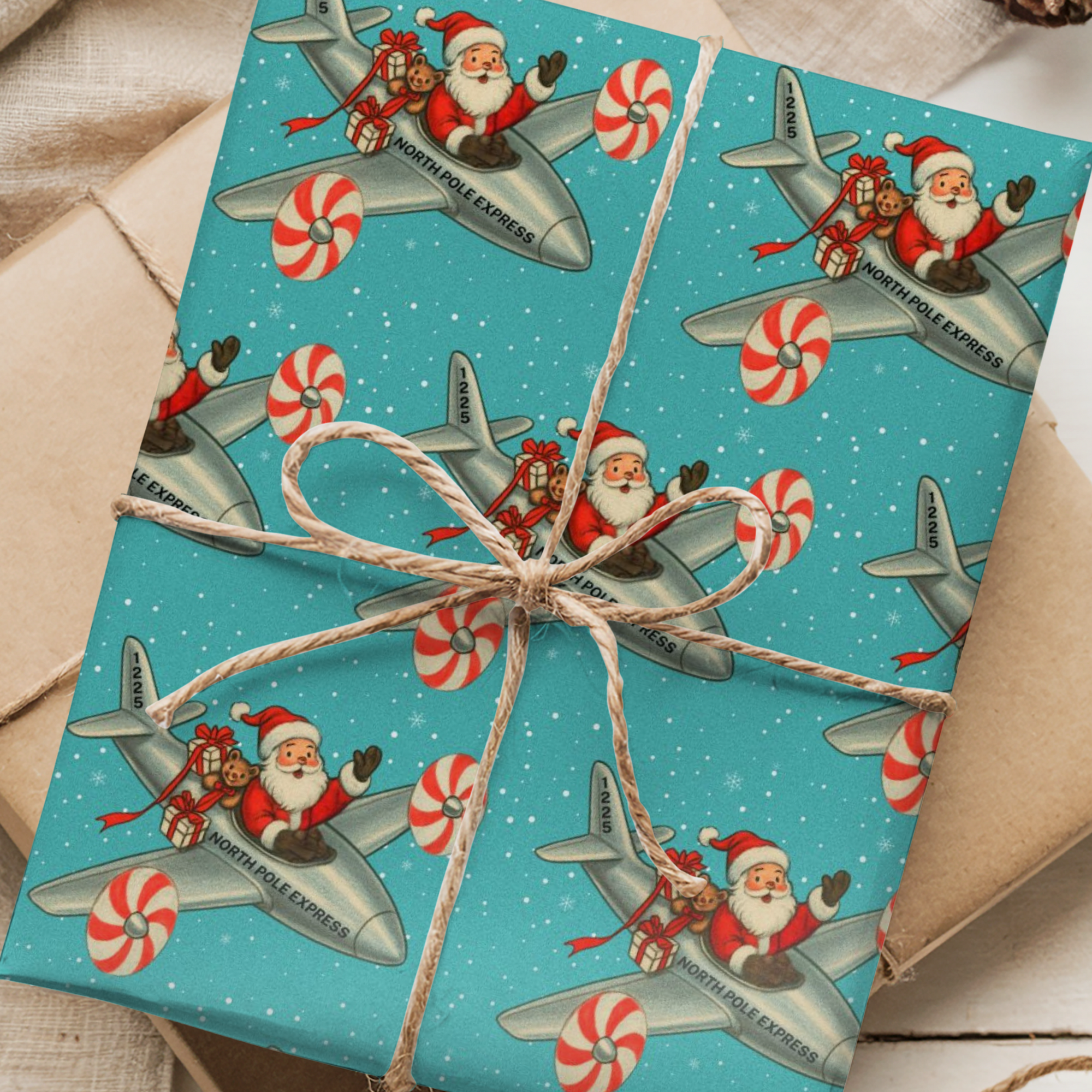 Retro christmas wrappinug paper featuring santa flying peppermint turboprop plane with gifts on a turquoise snowy background.