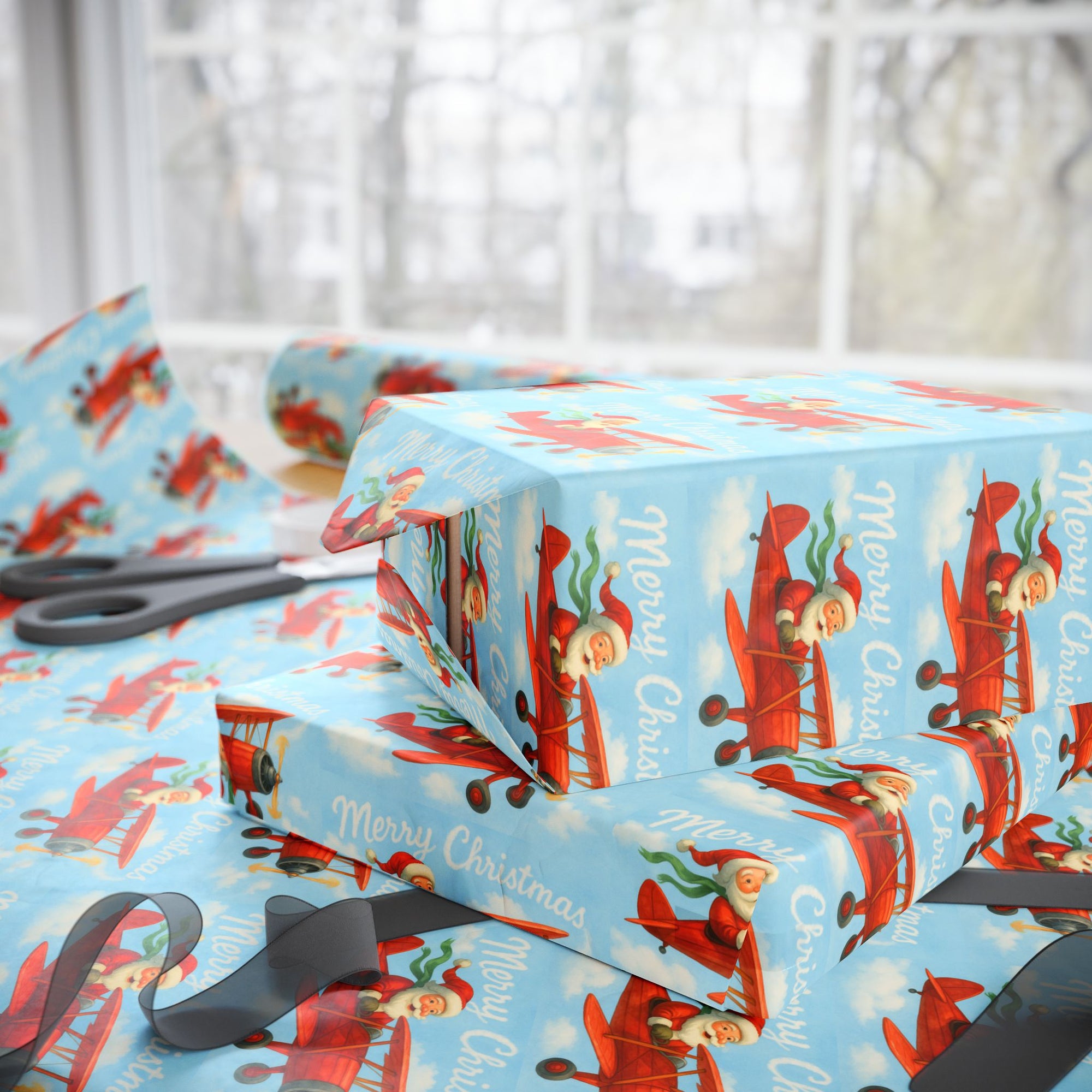 santa sky pilot merry christmas wrapping paper side view