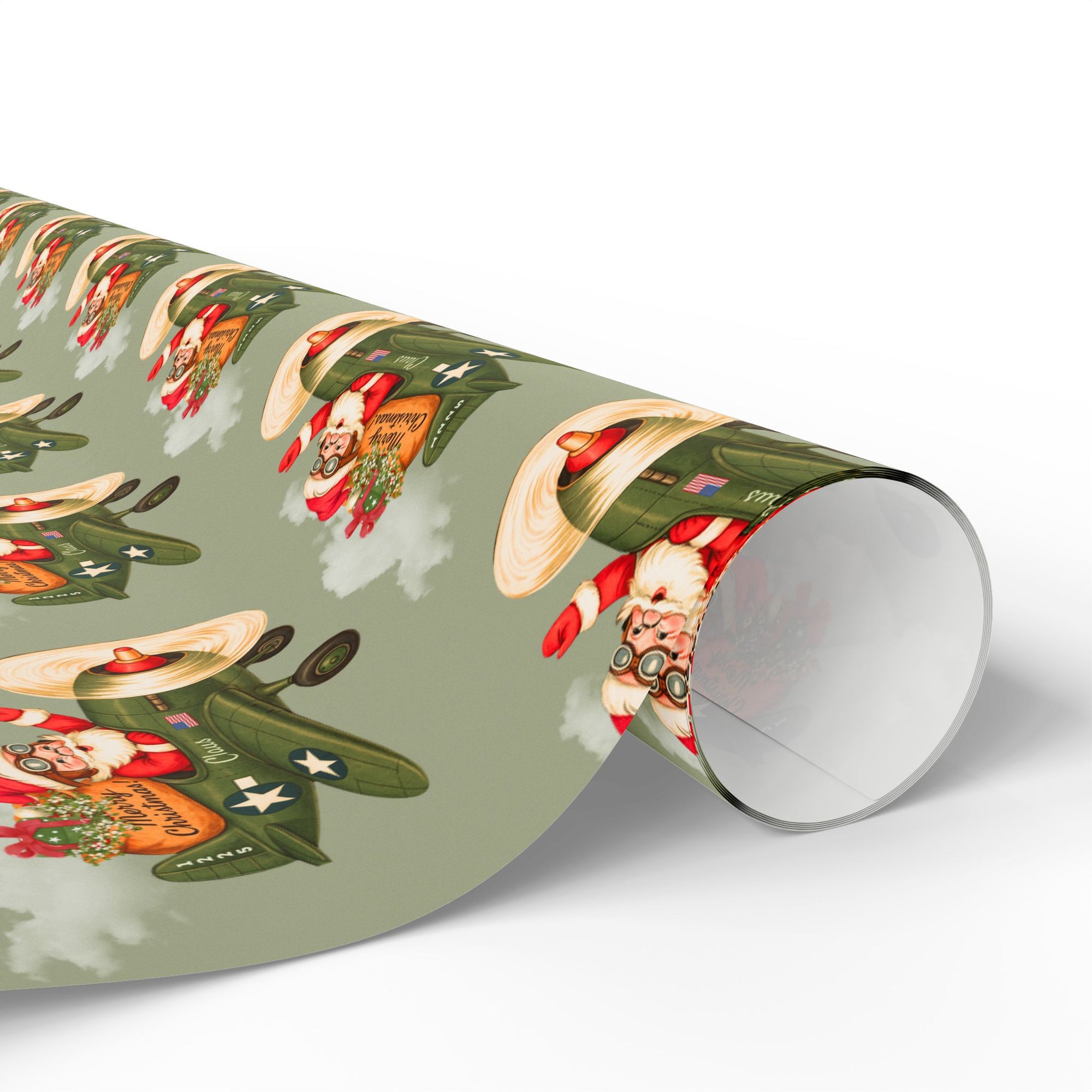 Christmas wrapping paper featuring a retro Santa flying a WW2 vintage airplane with gifts to deliver on a light green background