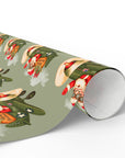 Christmas wrapping paper featuring a retro Santa flying a WW2 vintage airplane with gifts to deliver on a light green background