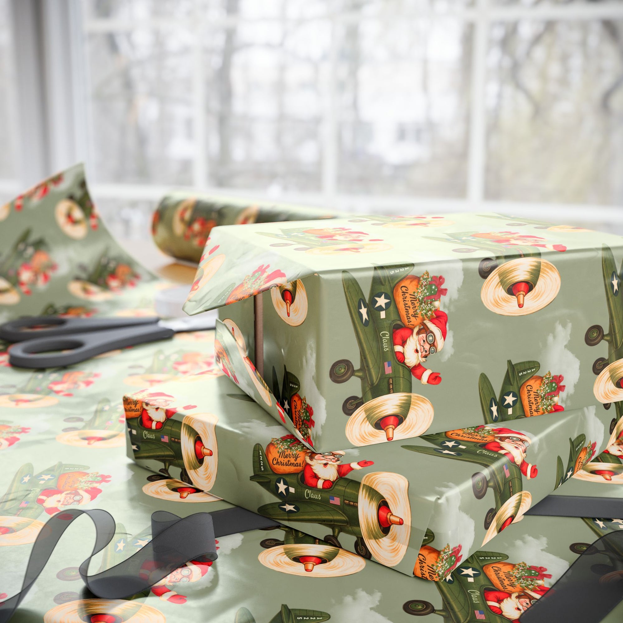 Christmas wrapping paper featuring a retro Santa flying a WW2 vintage airplane with gifts to deliver on a light green background
