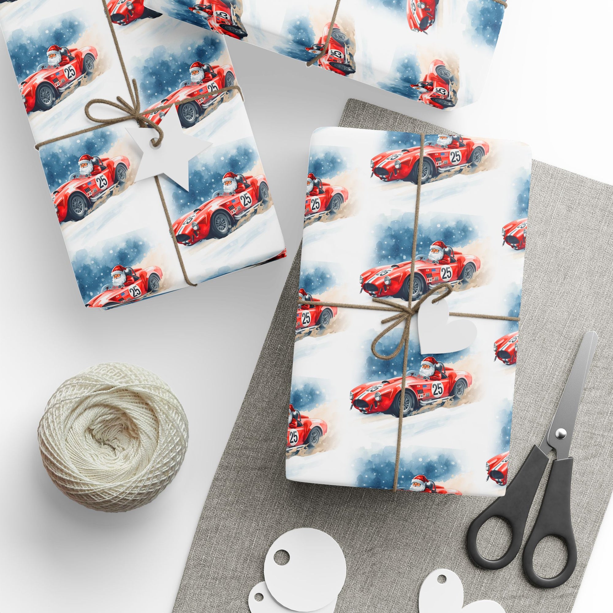 Gifts wrapped in christmas paper with santa in a red racecar