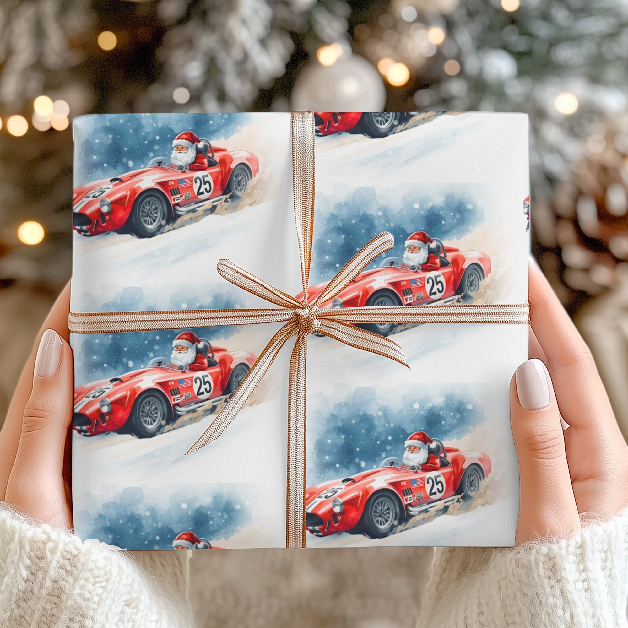 Gift box with Santa driving a red car design, held by hands against a festive background.