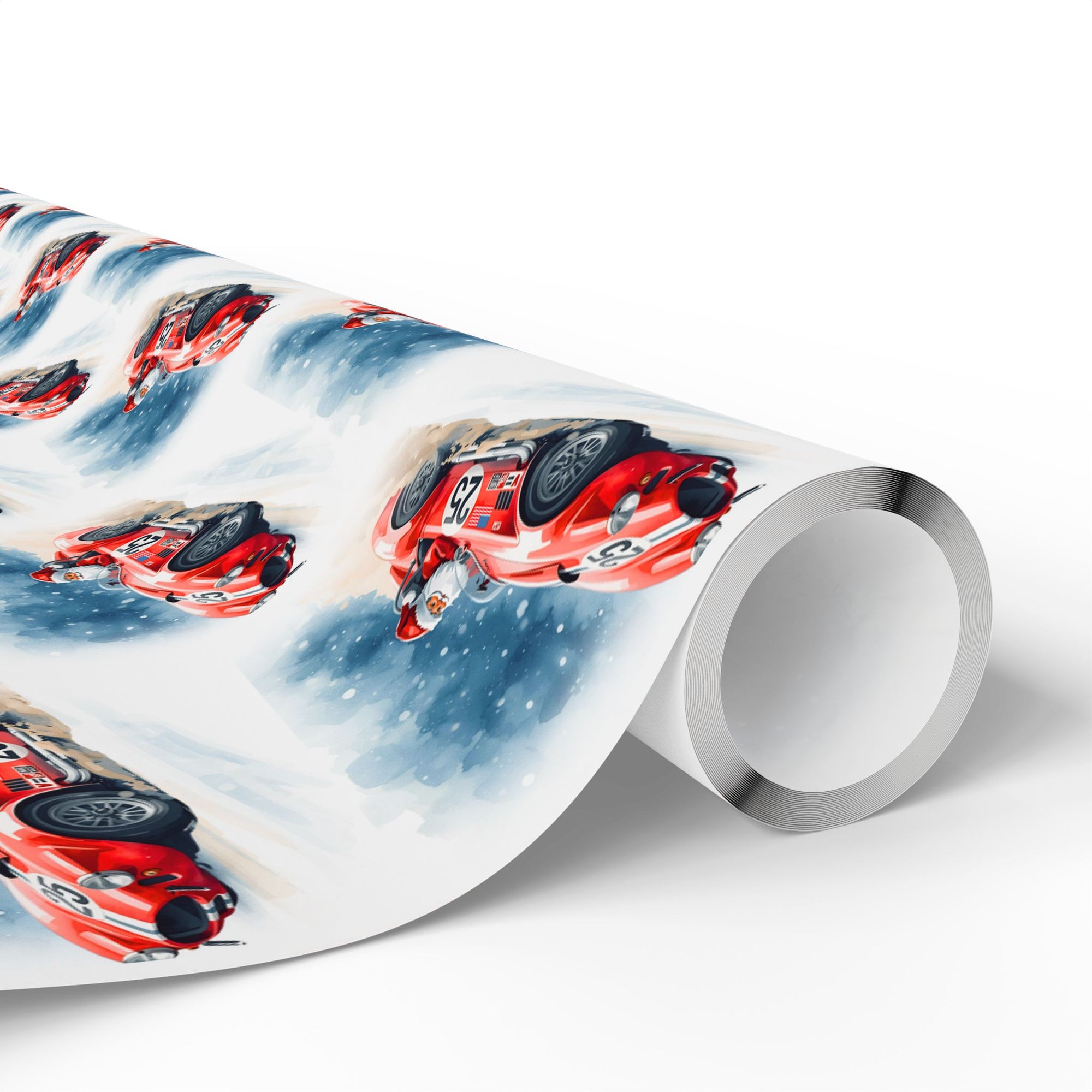 roll of gift rapping paper with santa in a red racecar